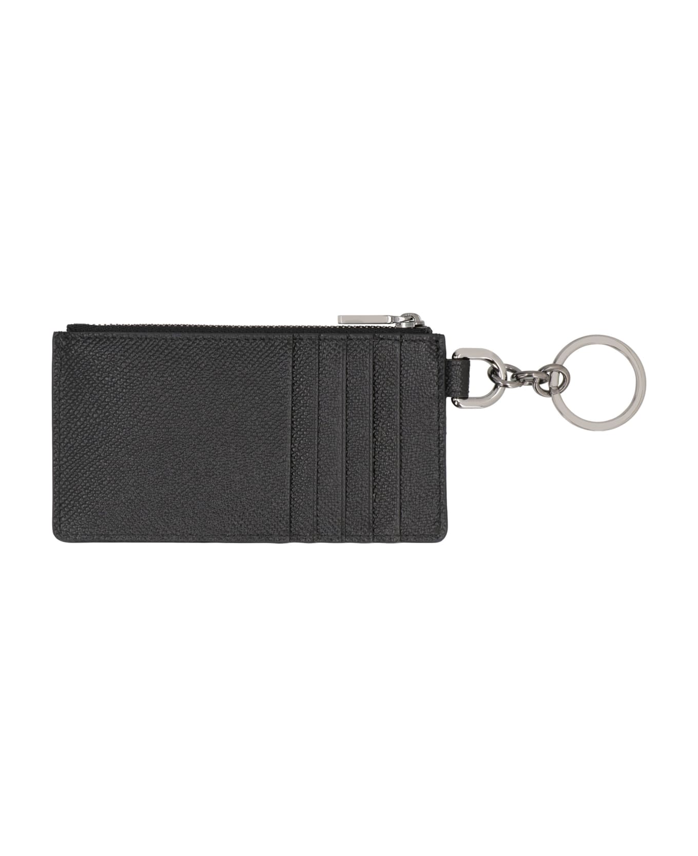 Dolce & Gabbana Calfskin Card Holder With Ring And Logo Tag - black