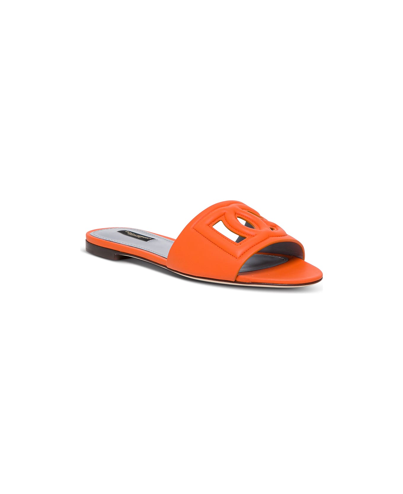 Dolce & Gabbana Slide Sandals In Orange Leather With Logo - Orange