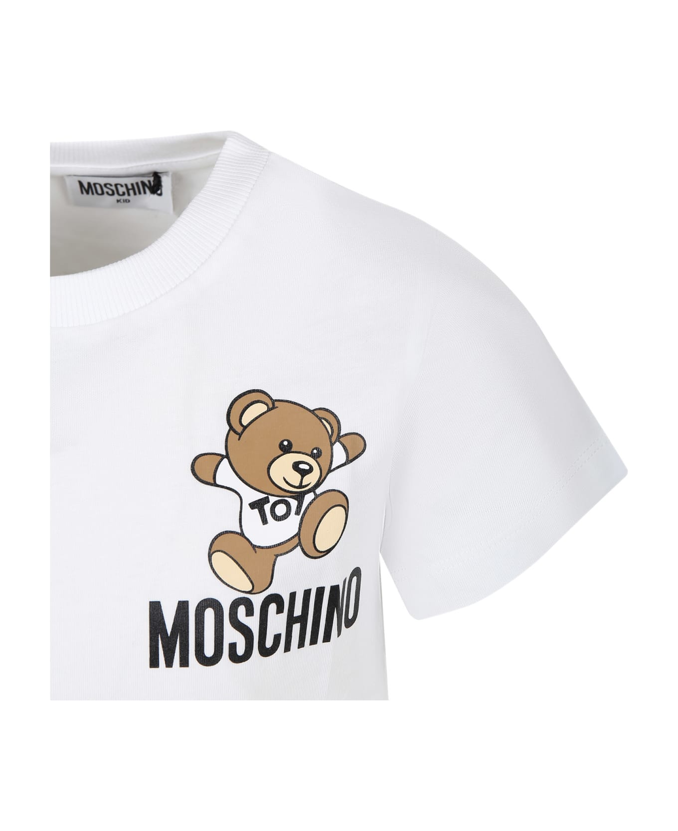Moschino White T-shirt For Kids With Teddy Bear And Logo - Bianco Ottico