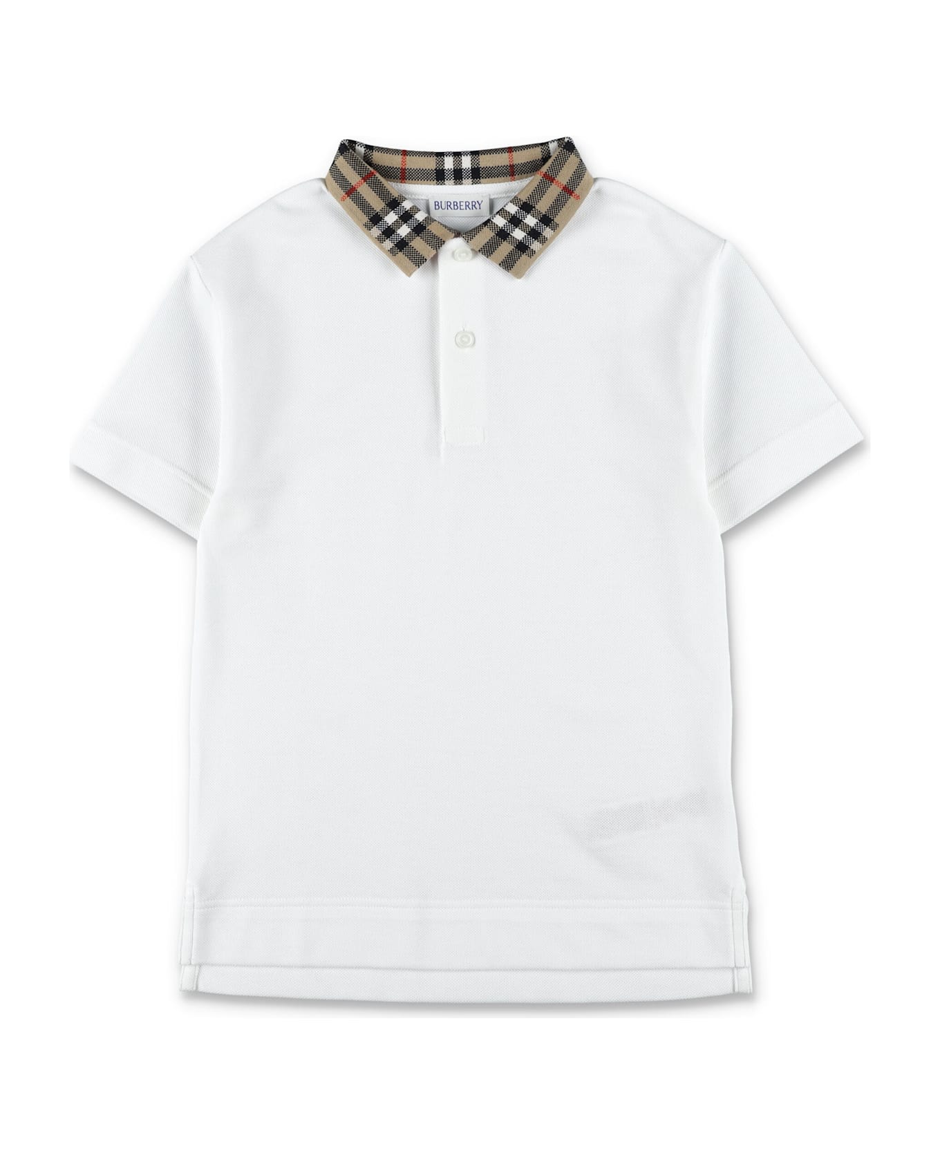 Burberry Kid - Burberry Cotton Polo With Check Collar - WHITE