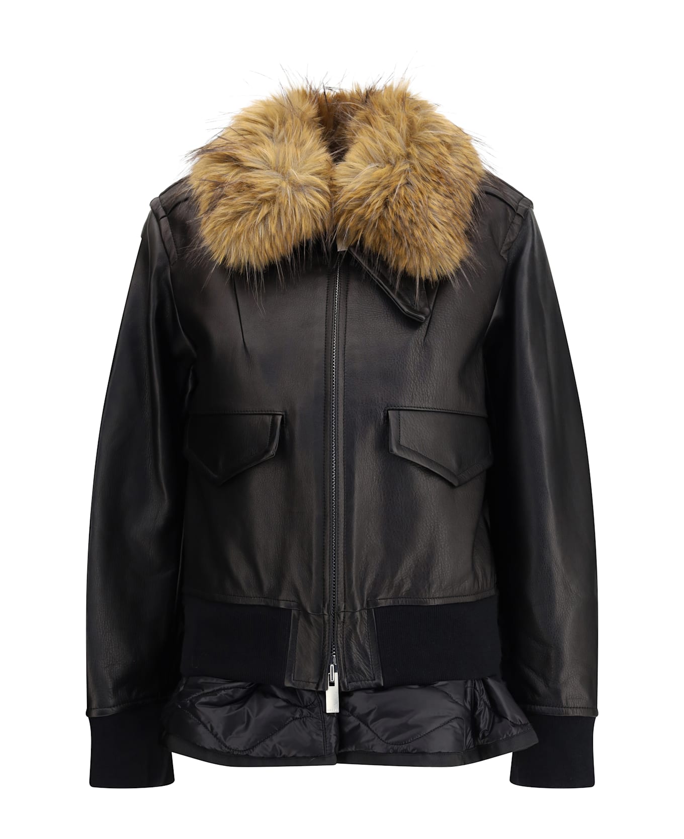 Sacai Leather Jacket With A Plush Collar
