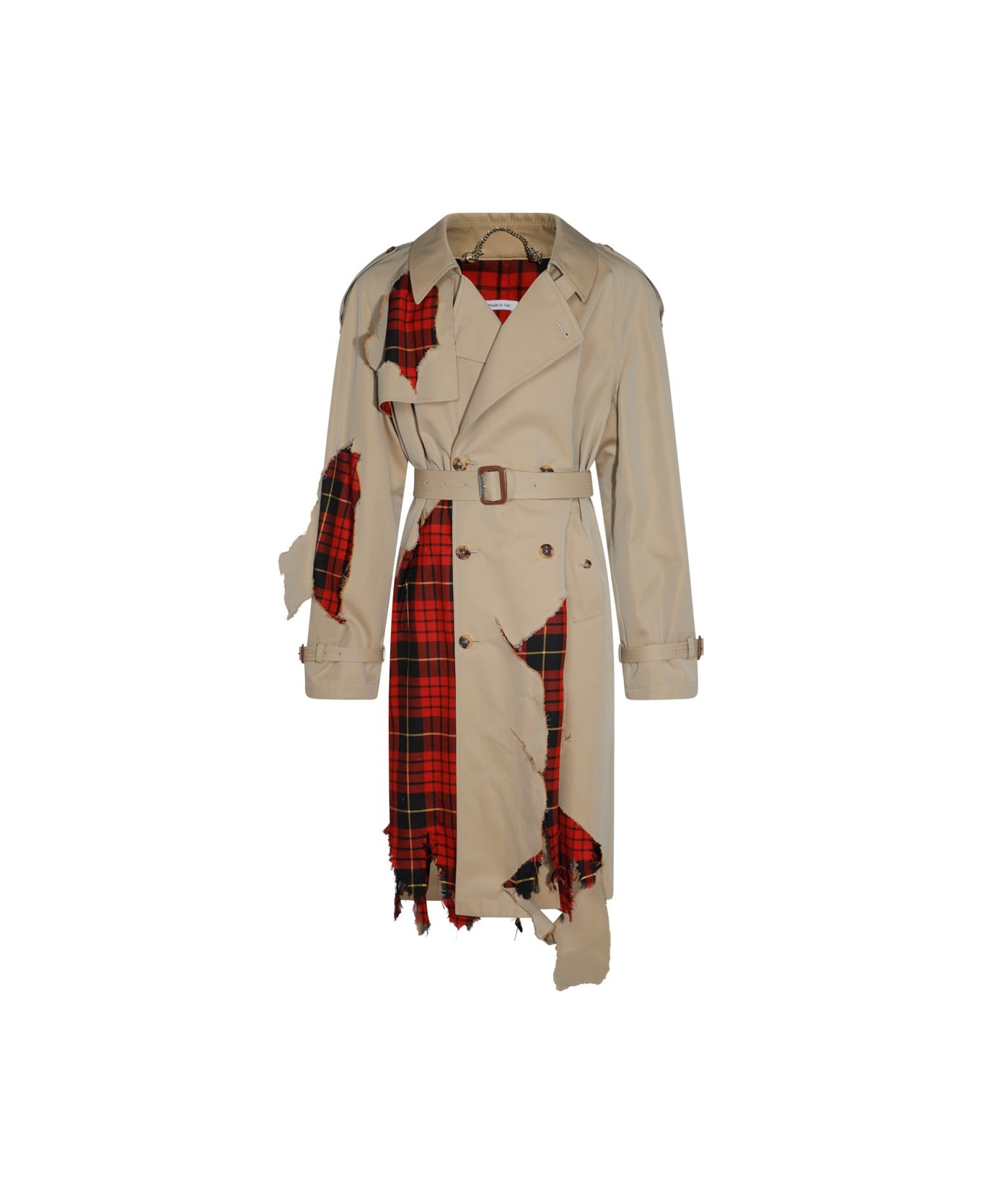 Alexander McQueen Distressed Macqueen Tartan Trench Coat - NEUTRALS/RED