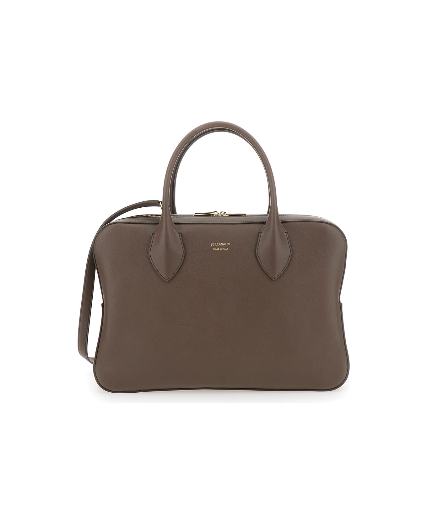 Ferragamo Brown Handbag With Three Zips And Logo Printed On The Front In Leather Woman - Brown