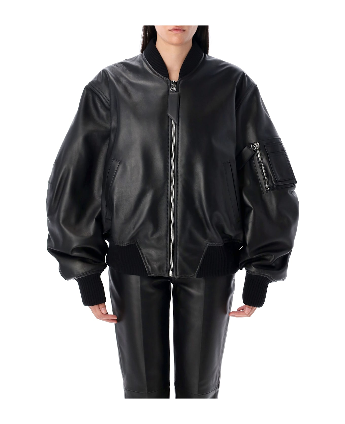 The Attico Anja Leather Bomber Jacket - BLACK