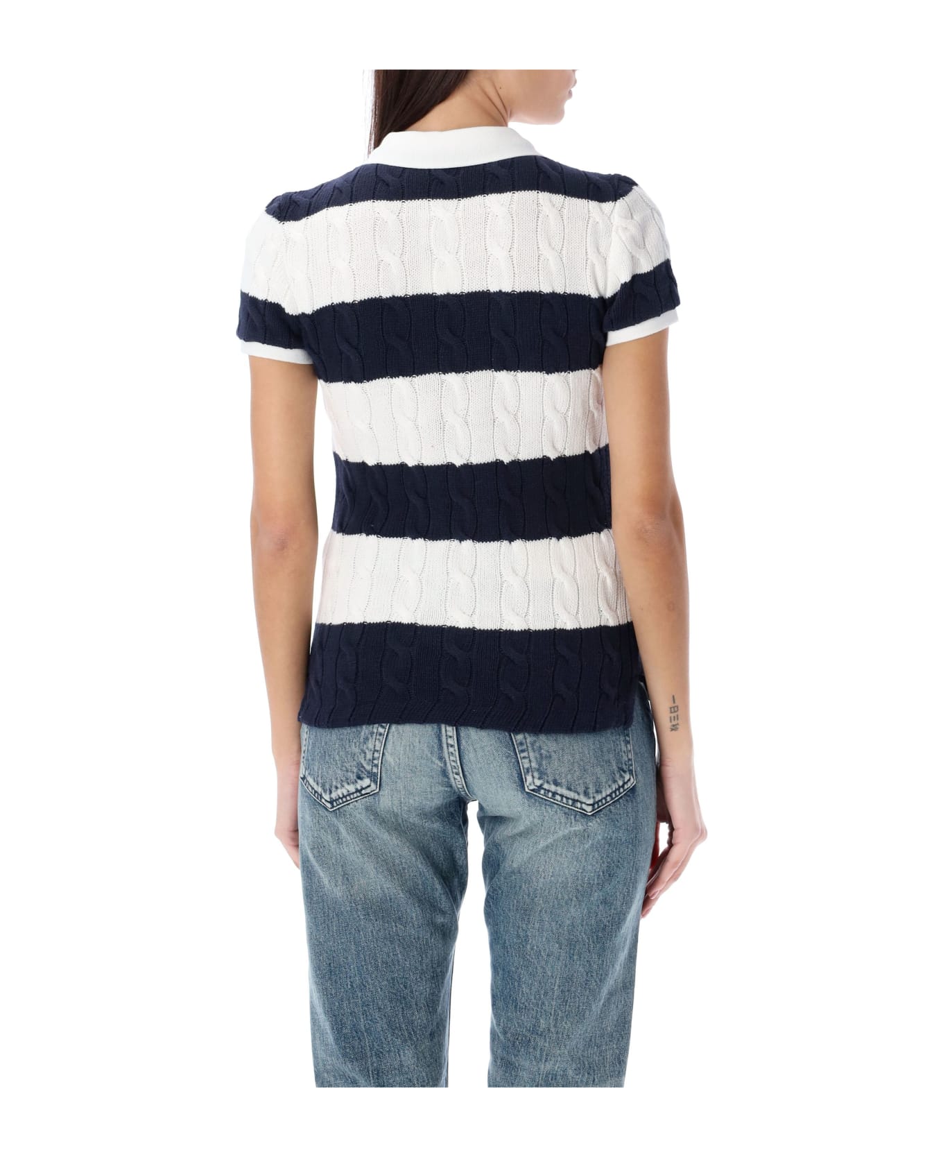 Polo Ralph Lauren Cotton Cable Knit Striped Polo Shirt - BLUE WHITE ポロシャツ