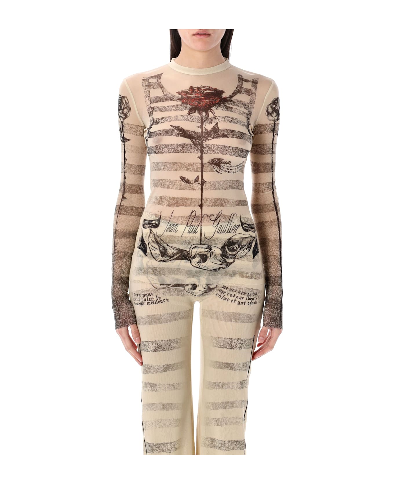 Jean Paul Gaultier Mesh Tatoo Mariner Top - ECRU BLACK RED