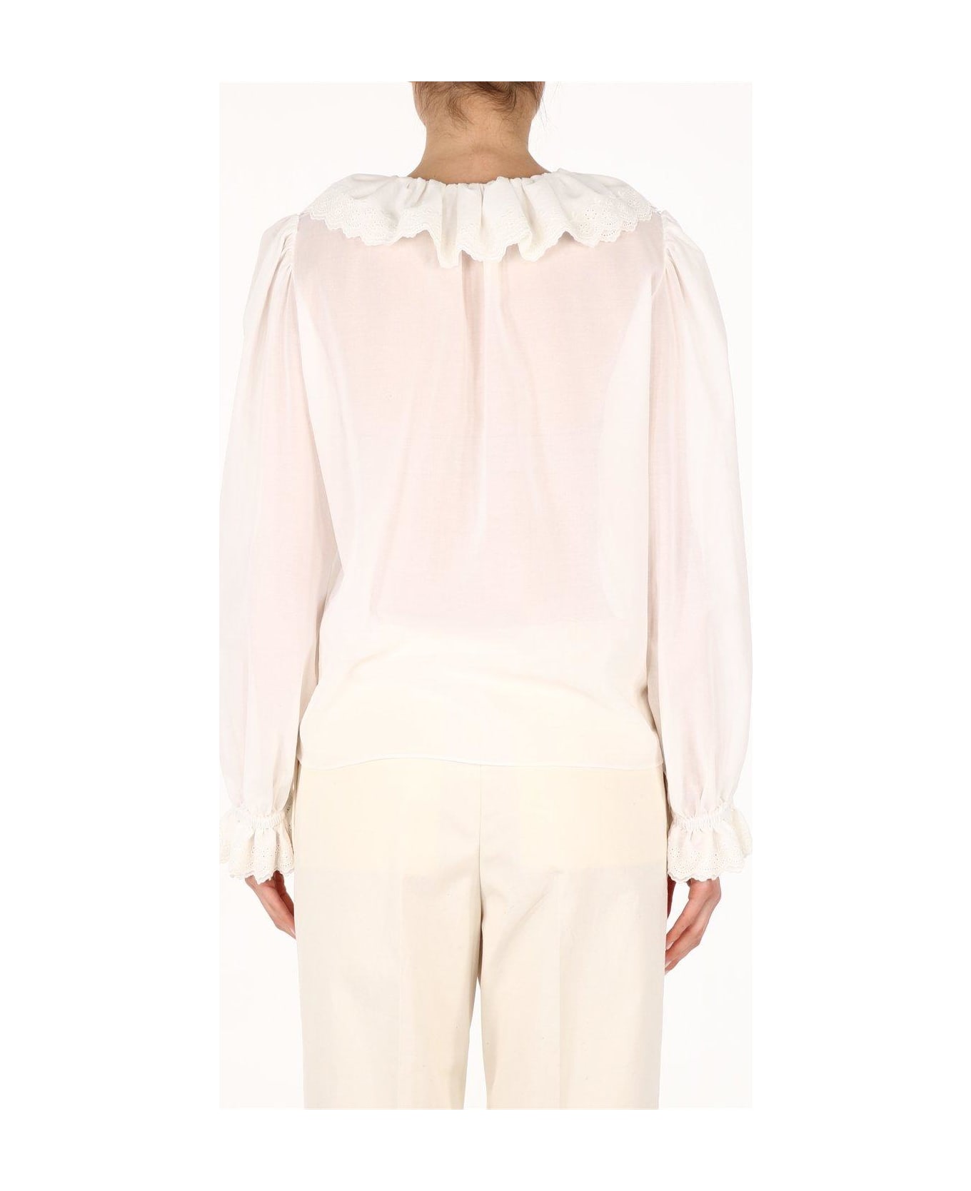 Saint Laurent Broderie Anglaise Frilled Tie Blouse - White