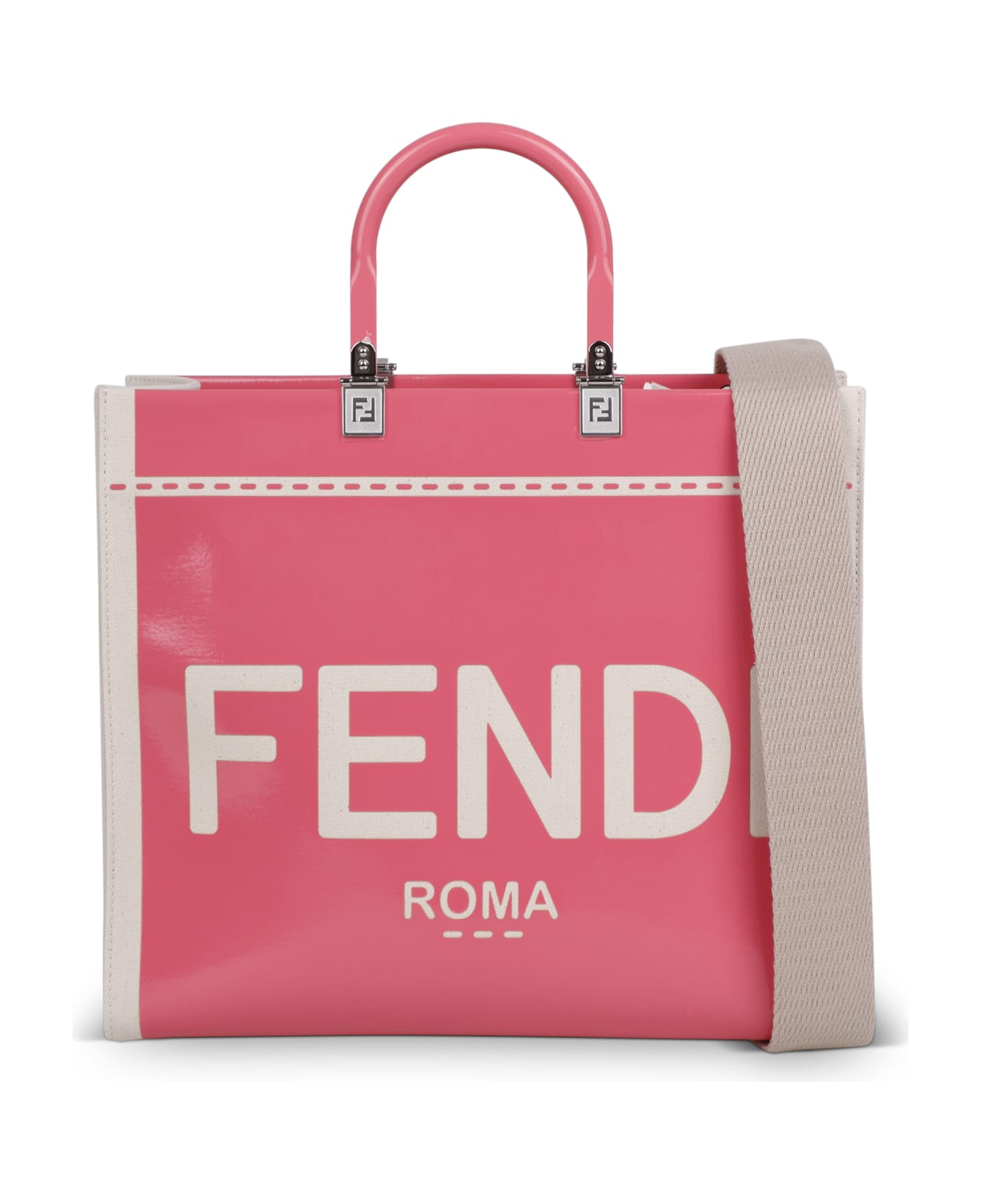 Fendi Sunshine Bag In Canvas And Patent Leather - Grezzo+pink Dalia+palladio