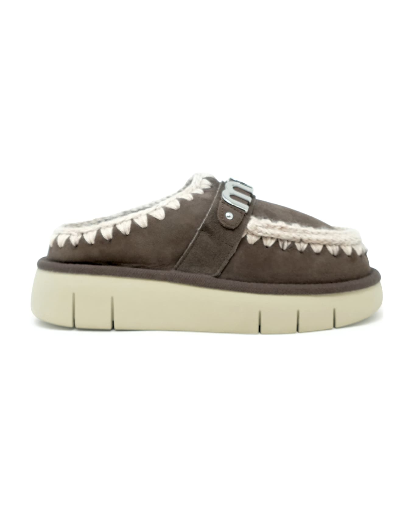 Mou Moka Bounce Metal Logo Leather Wool Rubber Clog Shoe - MOKA