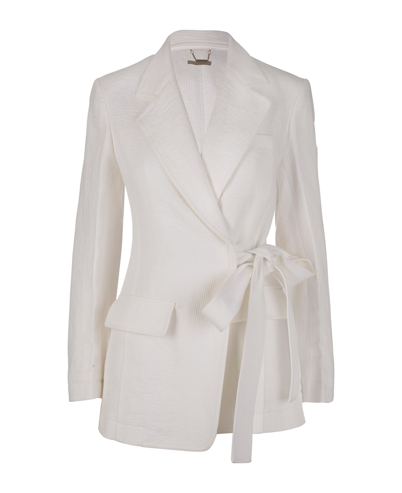 Chloé Woman Jacket In White Linen Corduroy Style With Self-tie Belt - Bianco