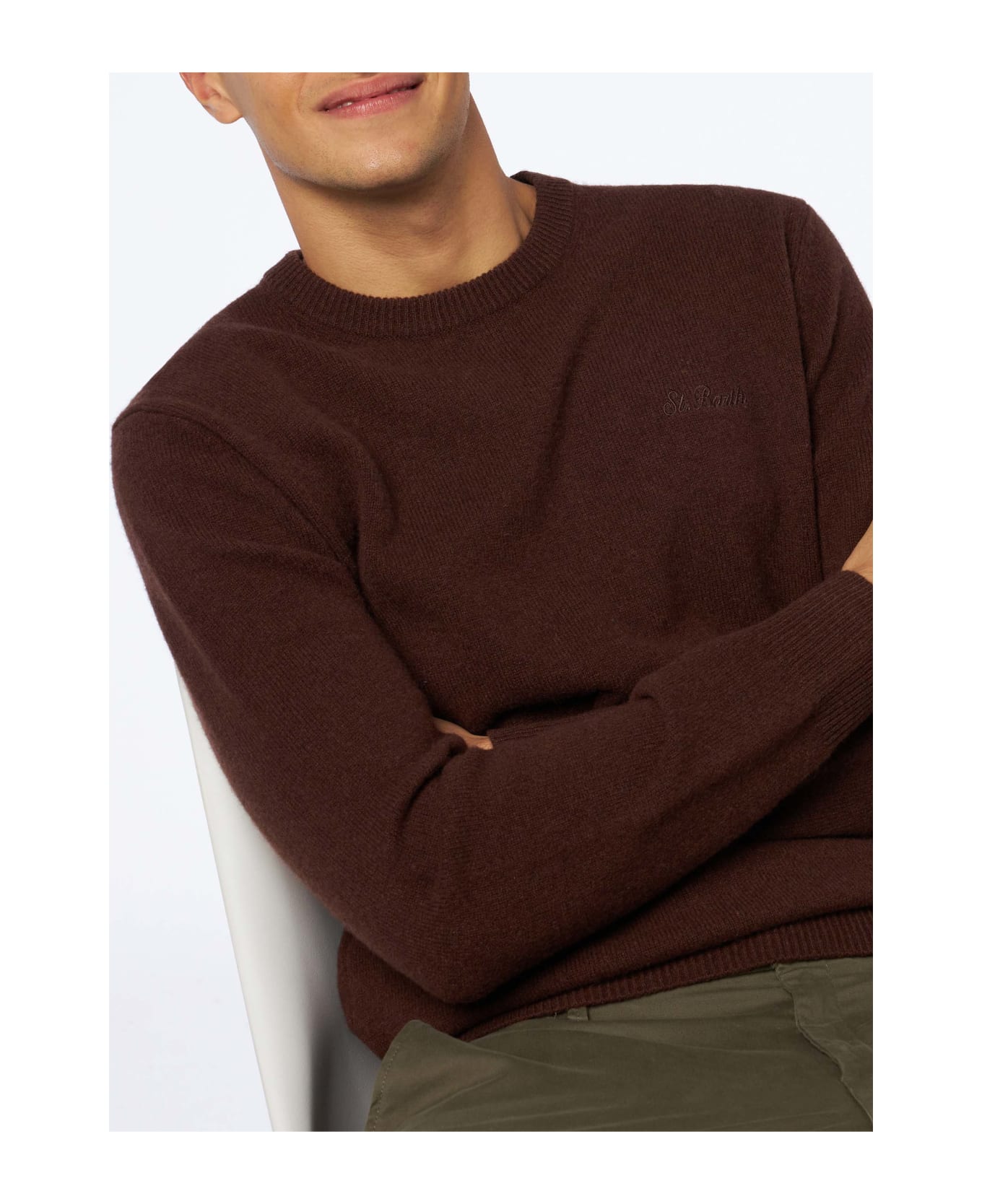 MC2 Saint Barth Man Crewneck Brown Lambswool Sweater With St. Barth Embroidery - BROWN
