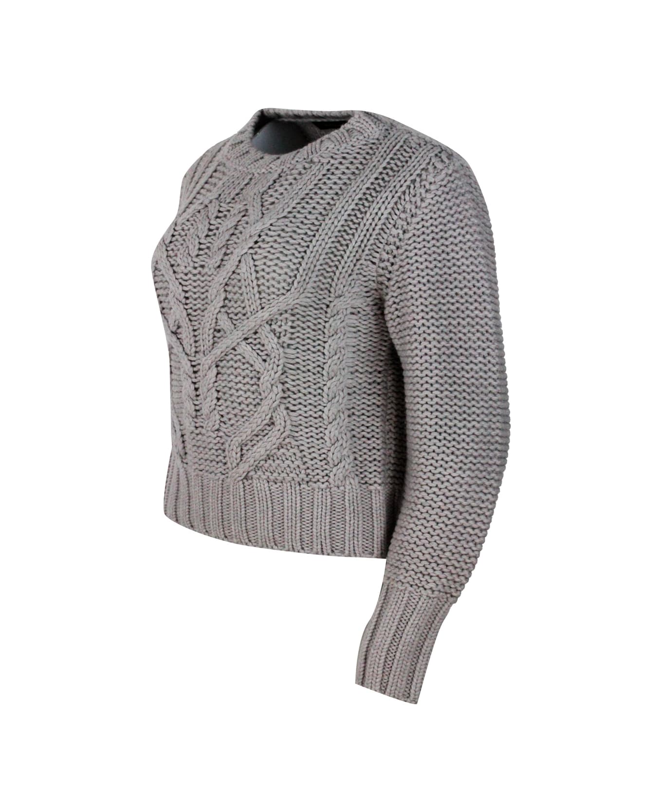 Fabiana Filippi Long Sleeve Crewneck Sweater In 100% Soft Virgin Wool With Cable Knit On The Front - Grey ニットウェア