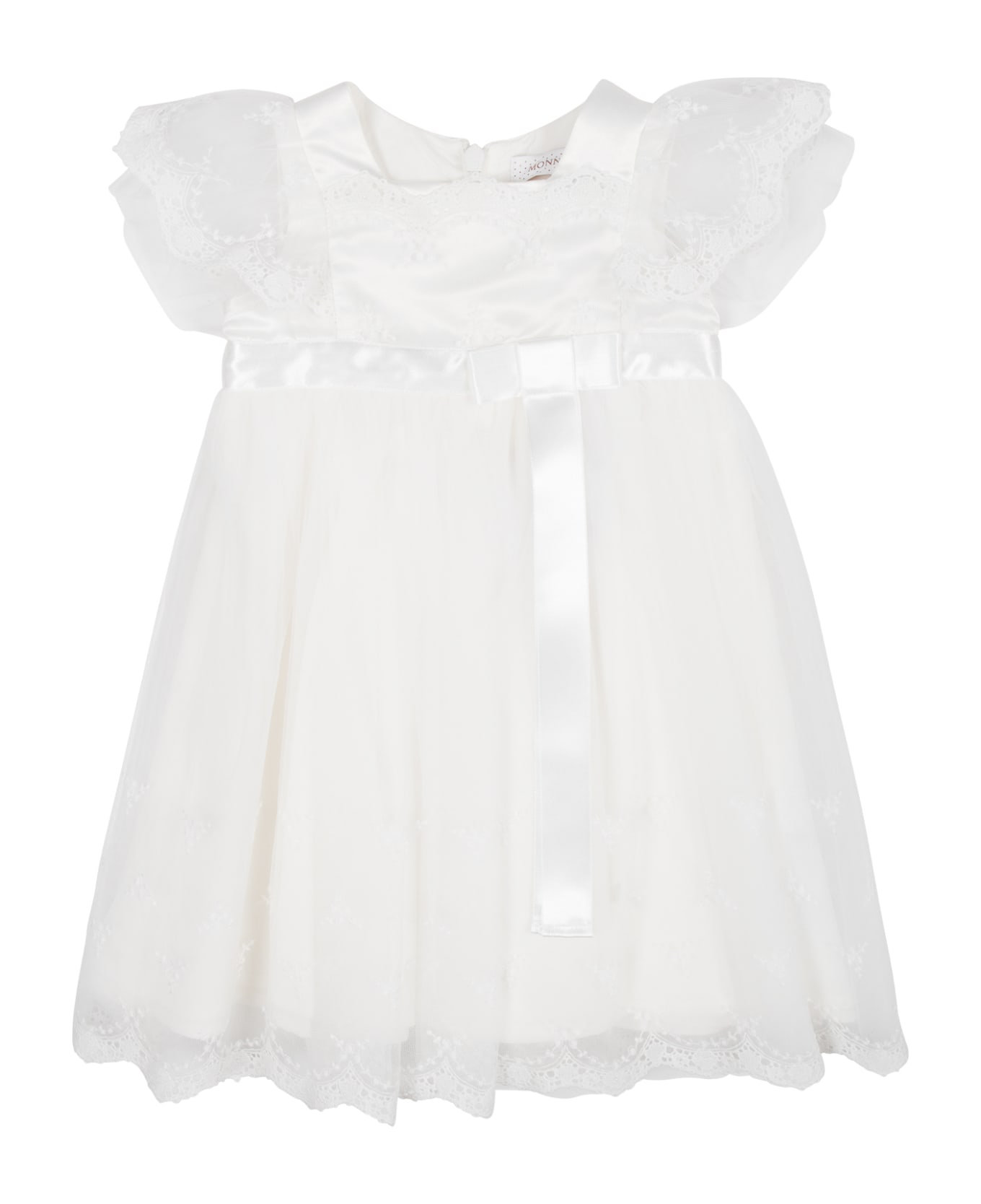 Monnalisa White Dress For Baby Girl With Embroidery And Bow - White