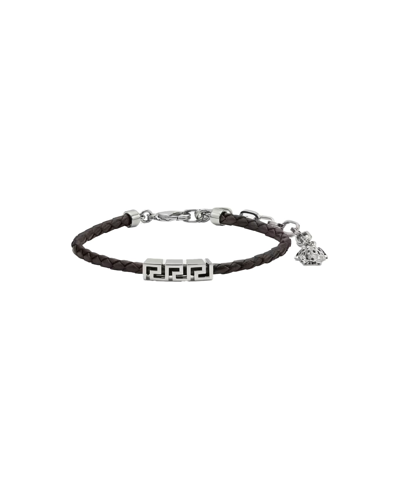 Versace Black Bracelet With Metal Plate And Pendant Detail In Leather Man - Metallic