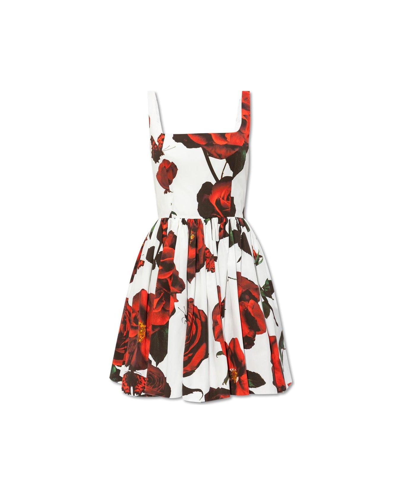 Alexander McQueen Floral Printed Square Neck Mini Dress - WHITE/RED