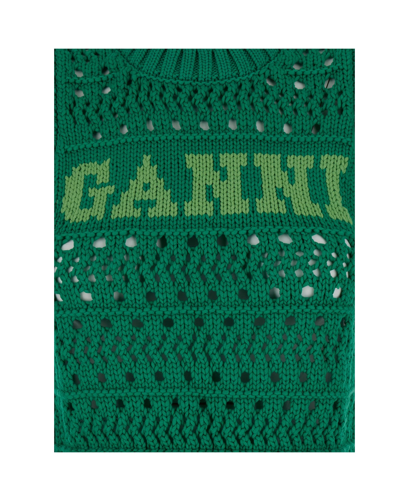 Ganni Green Crochet Vest With Logo In Cotton Woman - Green