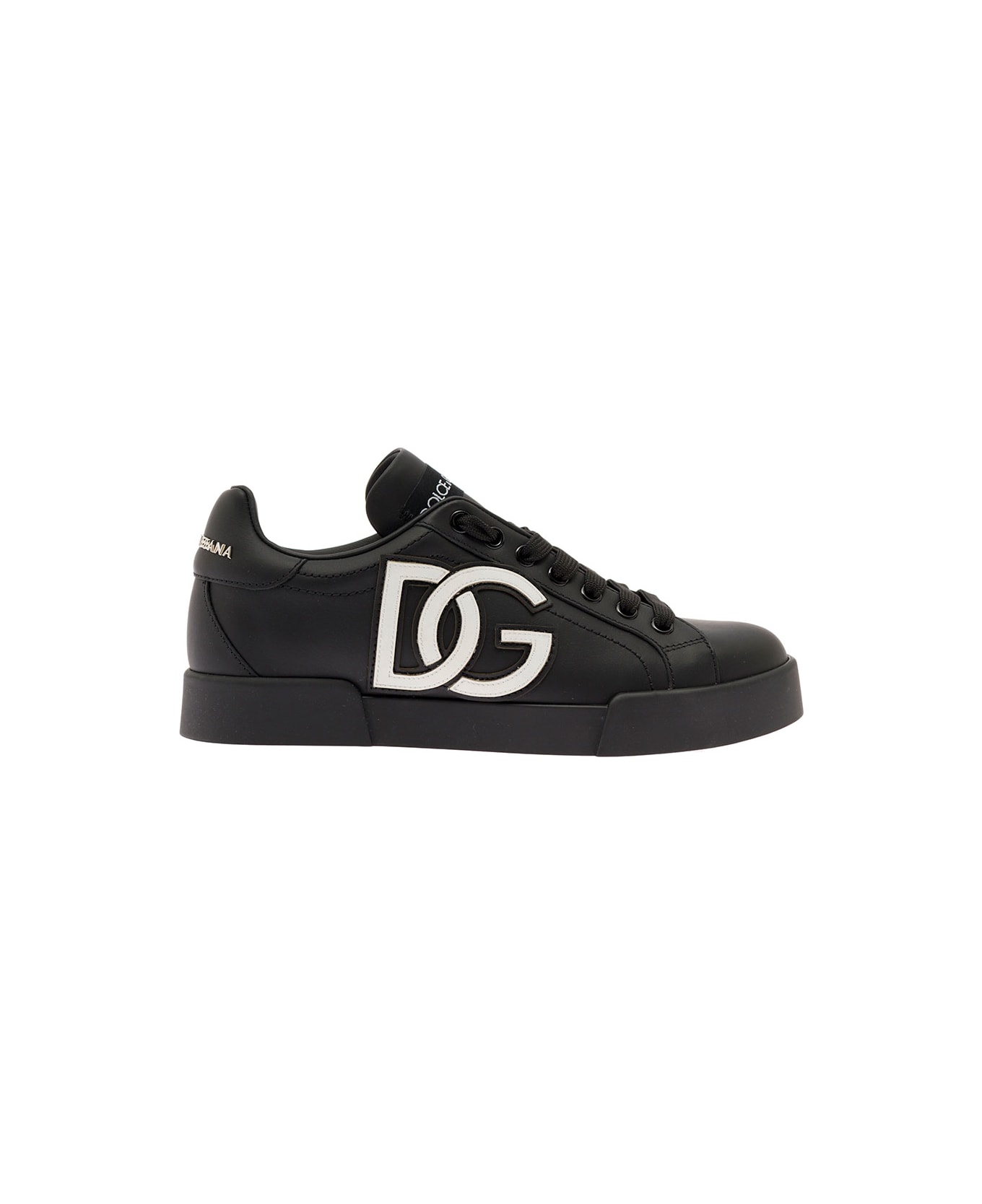 Dolce & Gabbana 'portofino' Black Sneakers With Logo Patch In Leather Woman - Black