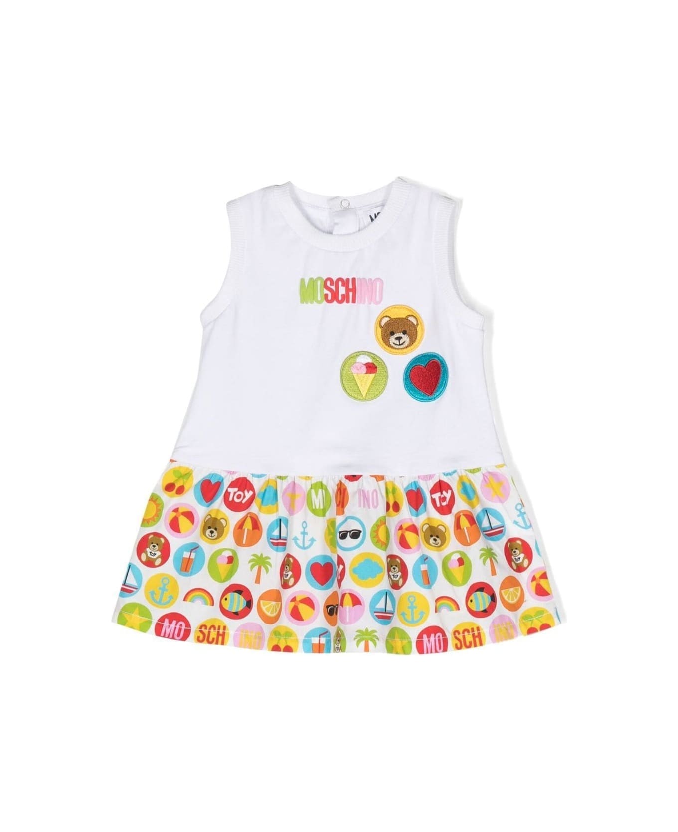 Moschino Multicolor Sleeveless Dress With Patch And Graphic Print In Stretch Cotton Baby - Multicolor
