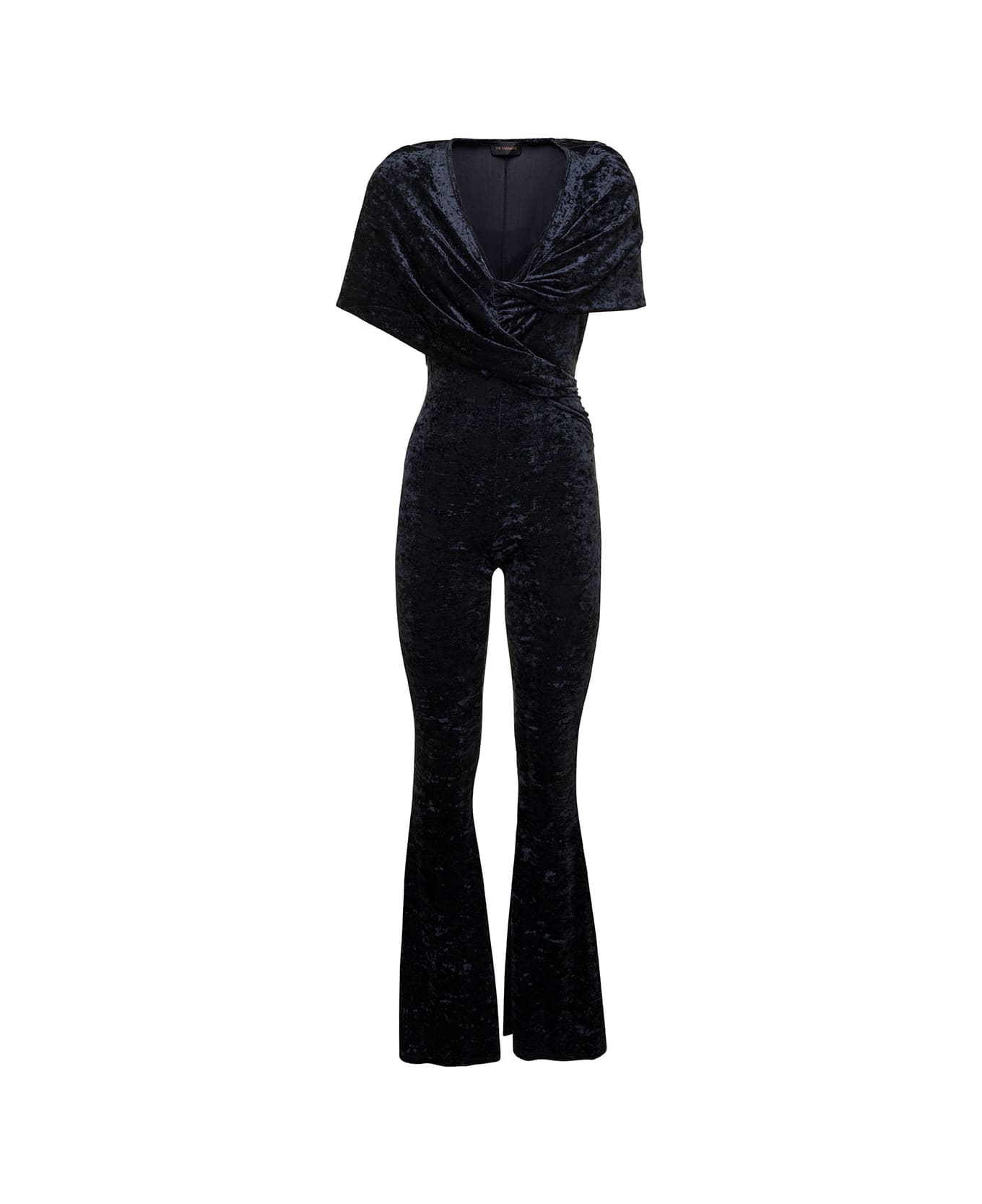The Andamane 'naomi' Blue Hooded Flared Jumpsuit In Crushed Velvet Woman - Black ジャンプスーツ