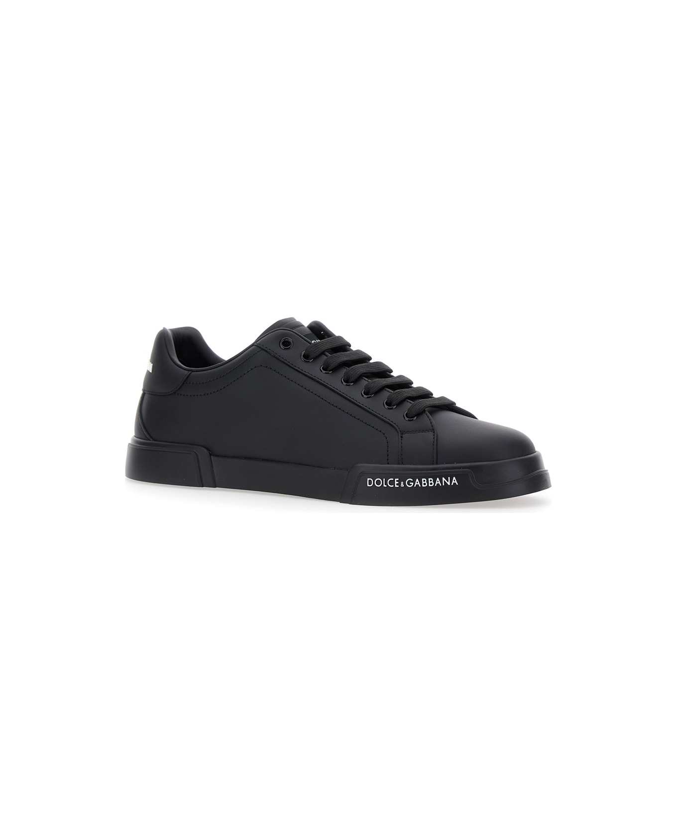 Dolce & Gabbana 'portofino' Black Low Top Sneakers With Logo Patch On The Tongue And Logo Lettering On The Side In Leather Man - BLACK