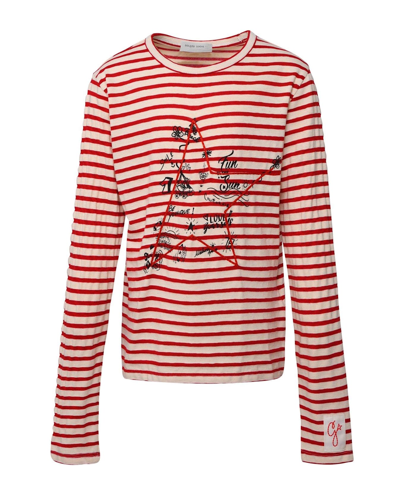 Golden Goose Striped Crewneck T-shirt - Ecru Tango Red