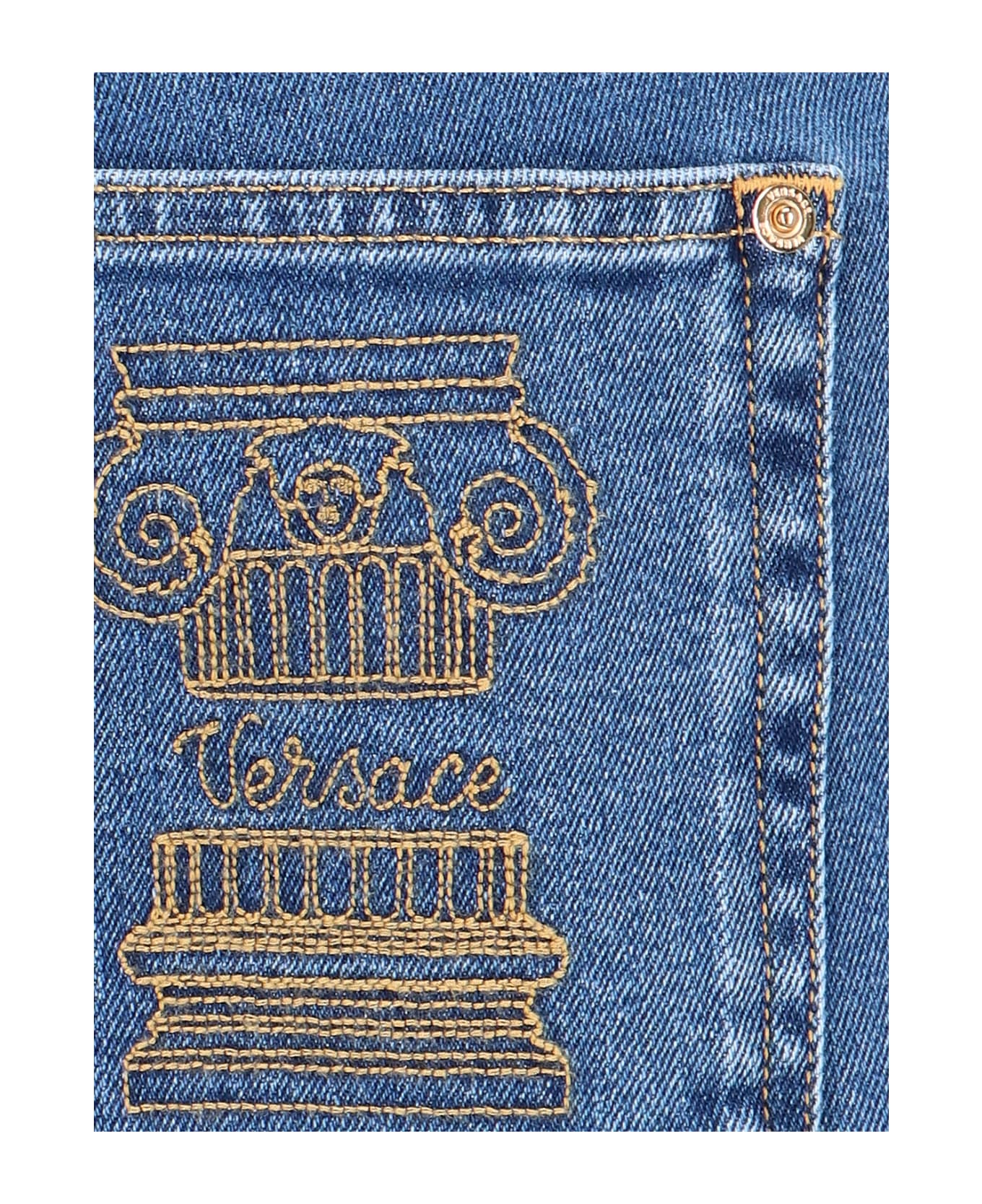 Versace Blue Fitted Jeans With Logo Embroidered And Botton In Cotton Blend Denim Woman - Blue