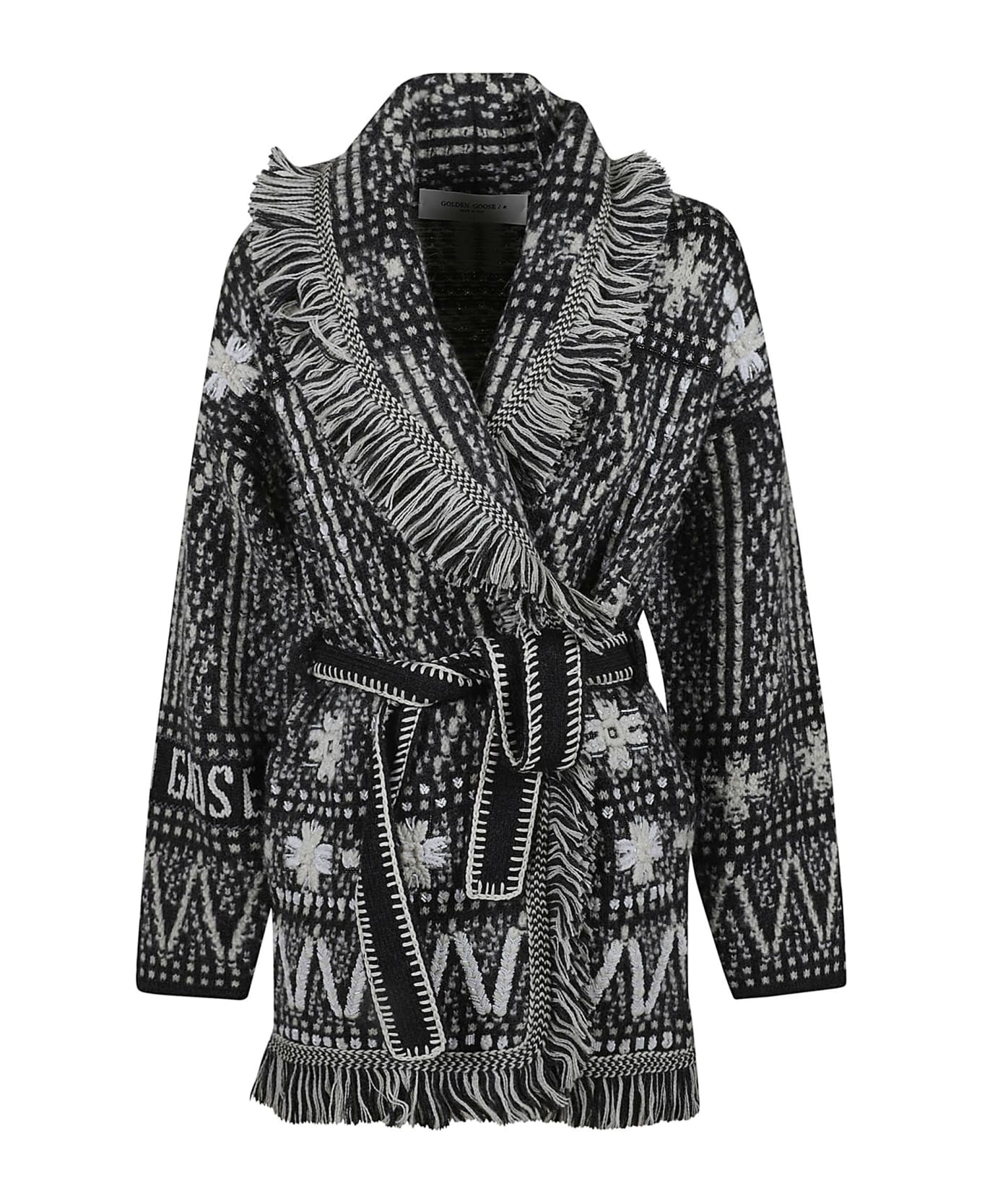 Golden Goose Journey W`s Belted Knit Cardigan Wool Blend Fair Isle Jacquard Stones Embroidery - Dark Grey M鬡nge コート