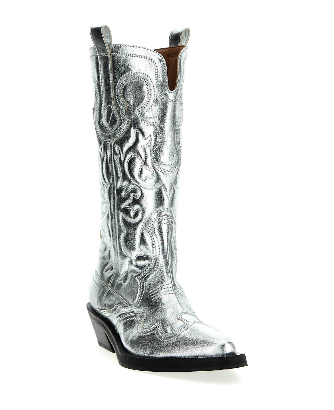 Ganni 'silver Mid Shaft Embroidered Western' Boots - Silver
