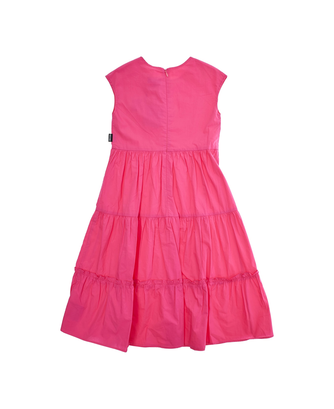 Moschino Pink Flounced Dress With Teddy Bear Patch In Stretch Cotton Girl - Pink