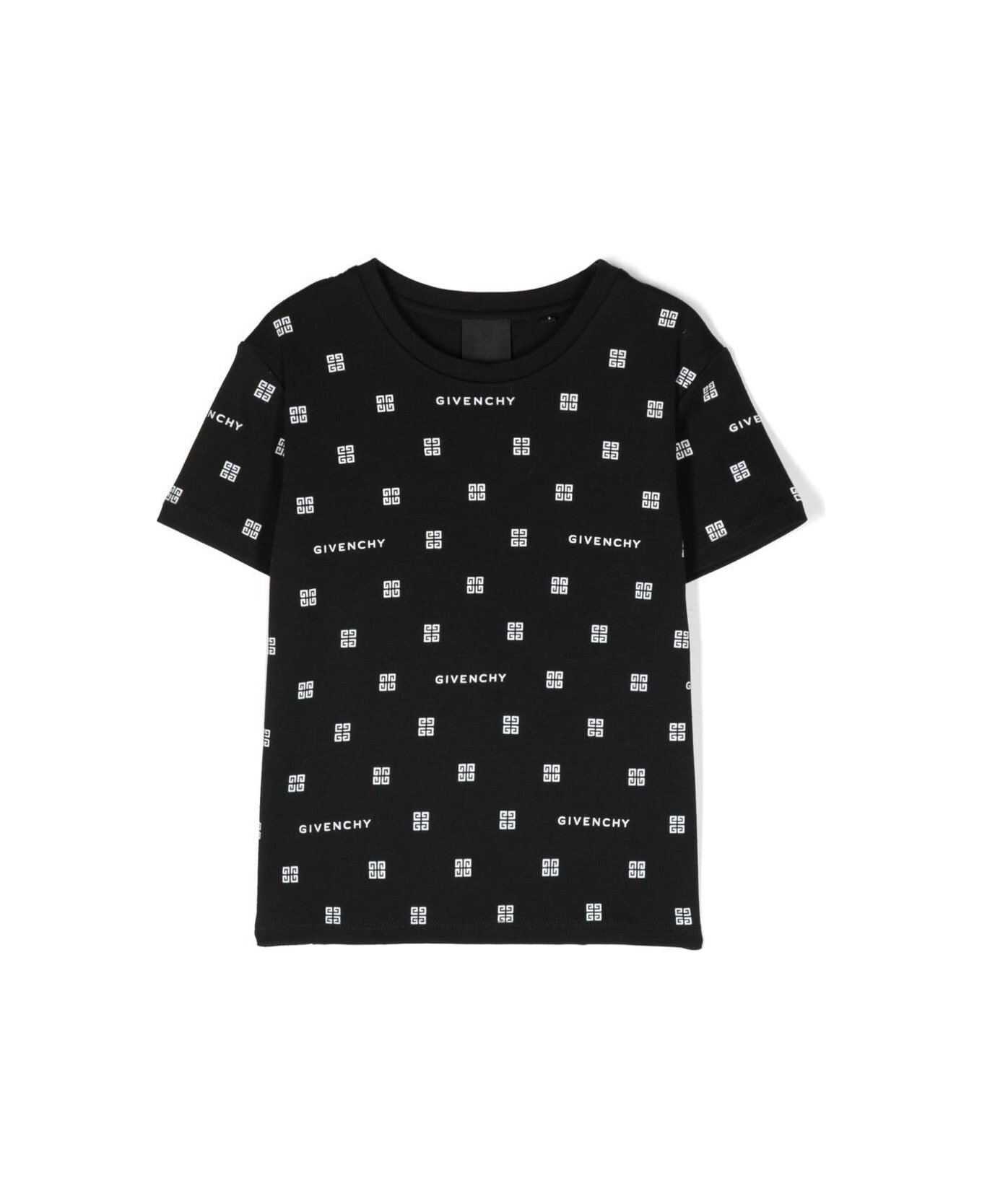 Givenchy Black Crewneck T-shirt With All-over Logo Print In Cotton Girl - Black