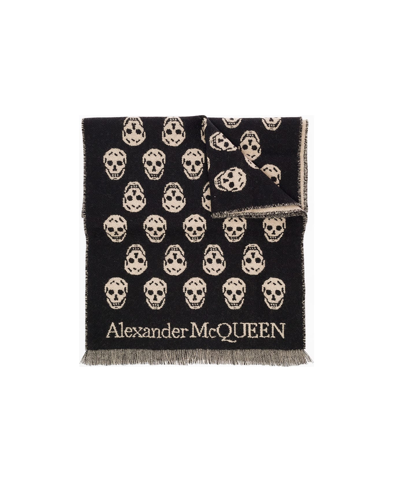 Alexander McQueen Reversible Skull  Black And Beige Wool  Scarf Alexander Mcqueen Man - Black