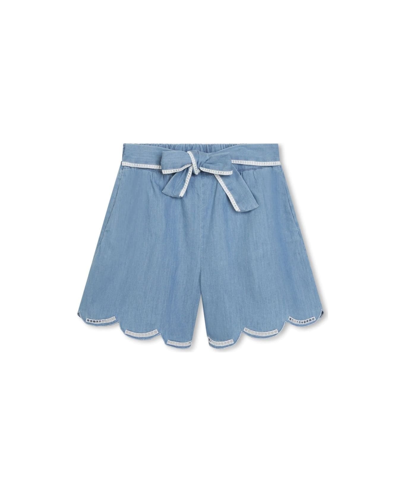 Chloé Medium Blue Shorts With Belt And Scalloped Hem - Blu Denim