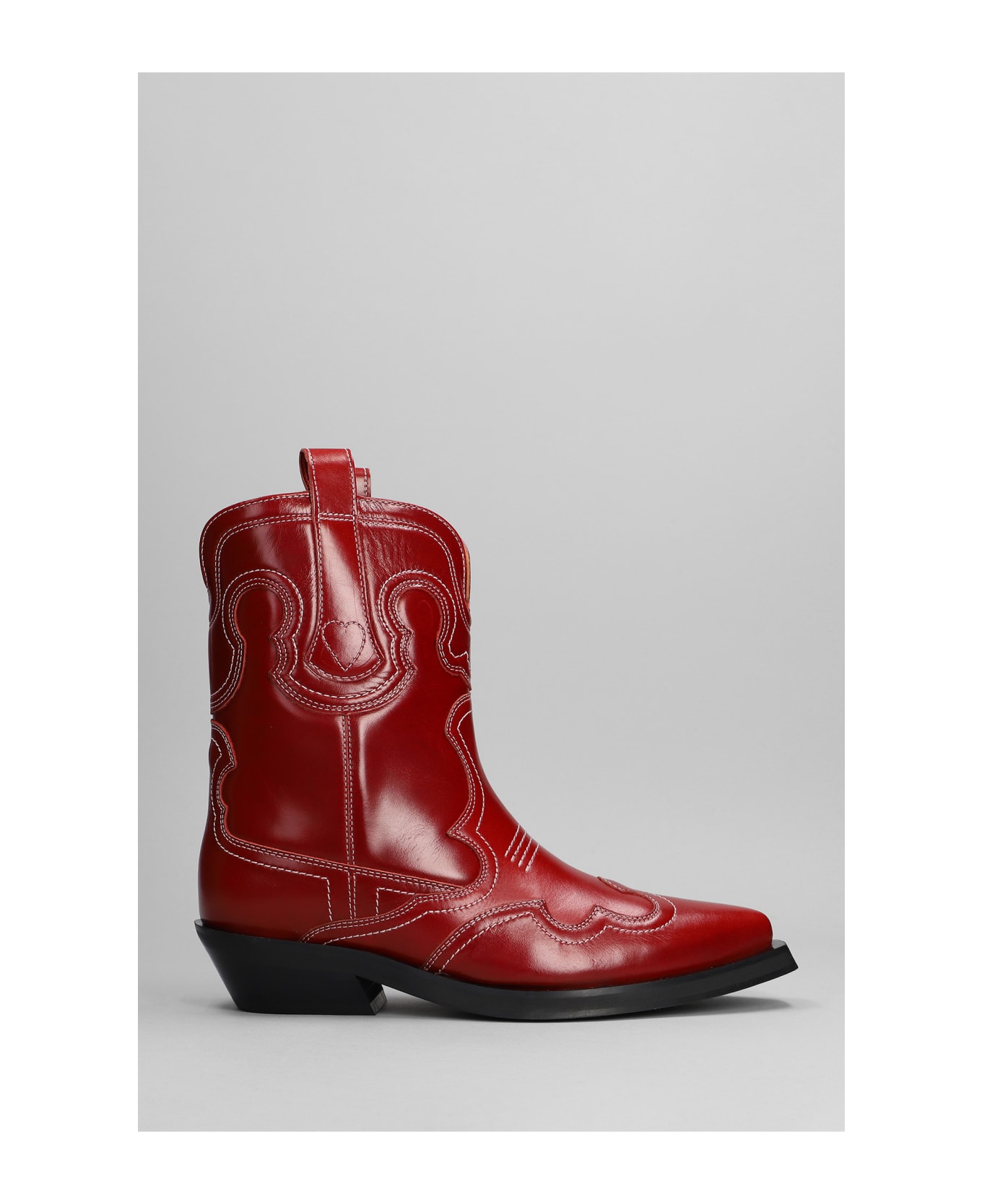 Ganni Texan Ankle Boots In Red Leather - red