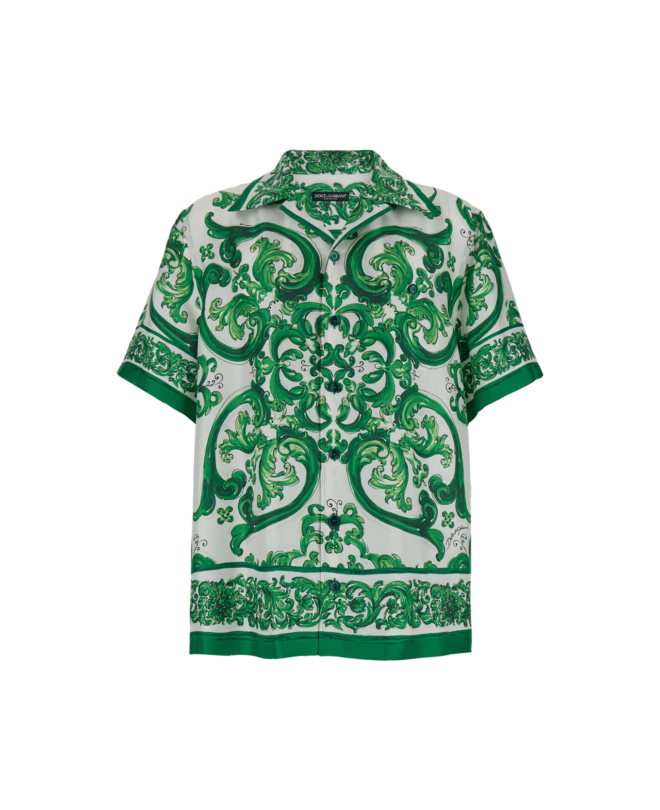 Dolce & Gabbana 'palermo' Green And White Bowling Shirt With Majolica Print In Silk Man - Green シャツ