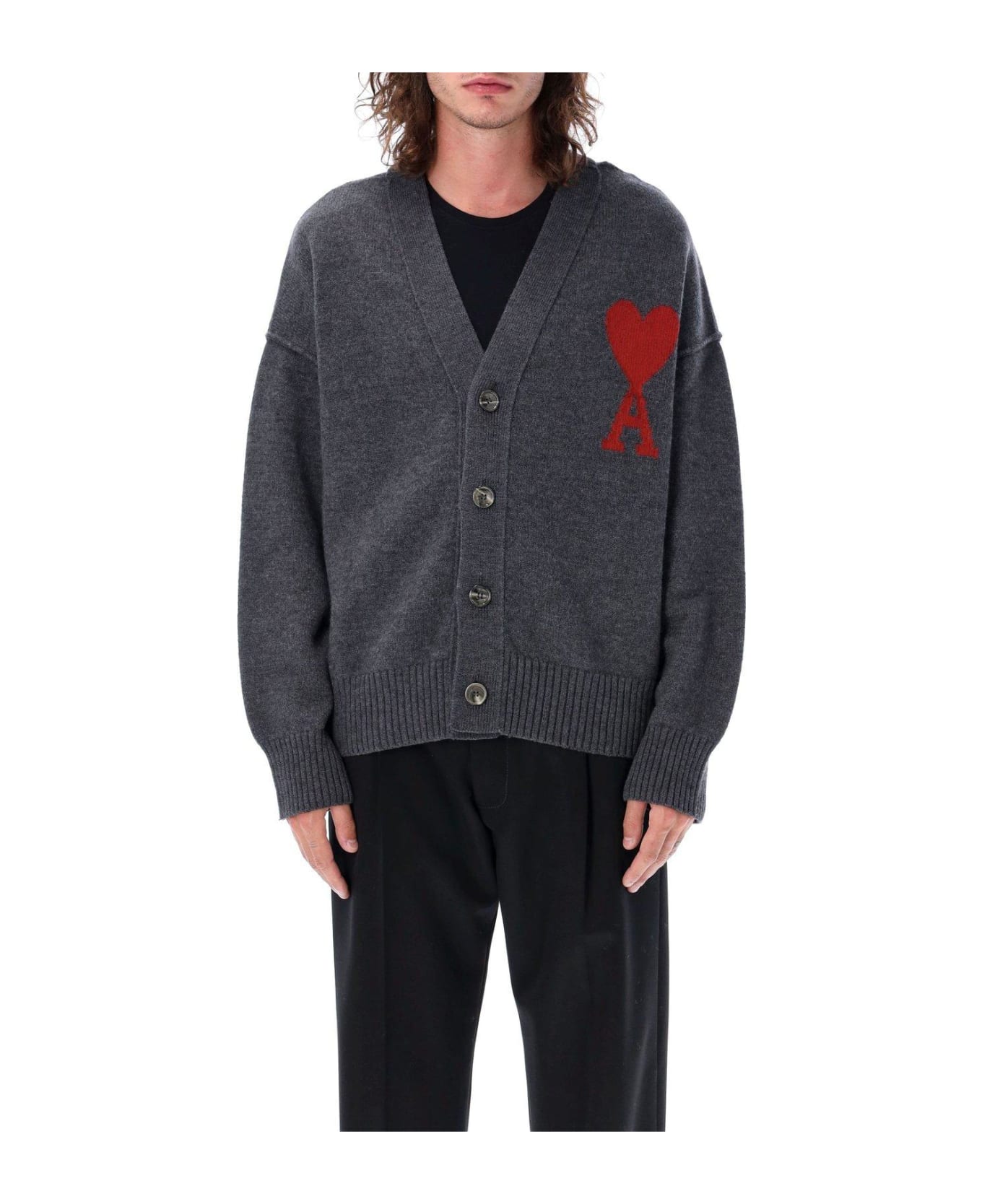 Ami Alexandre Mattiussi Paris De Coeur Logo Intarsia Knitted Buttoned Cardigan - Grey name:476