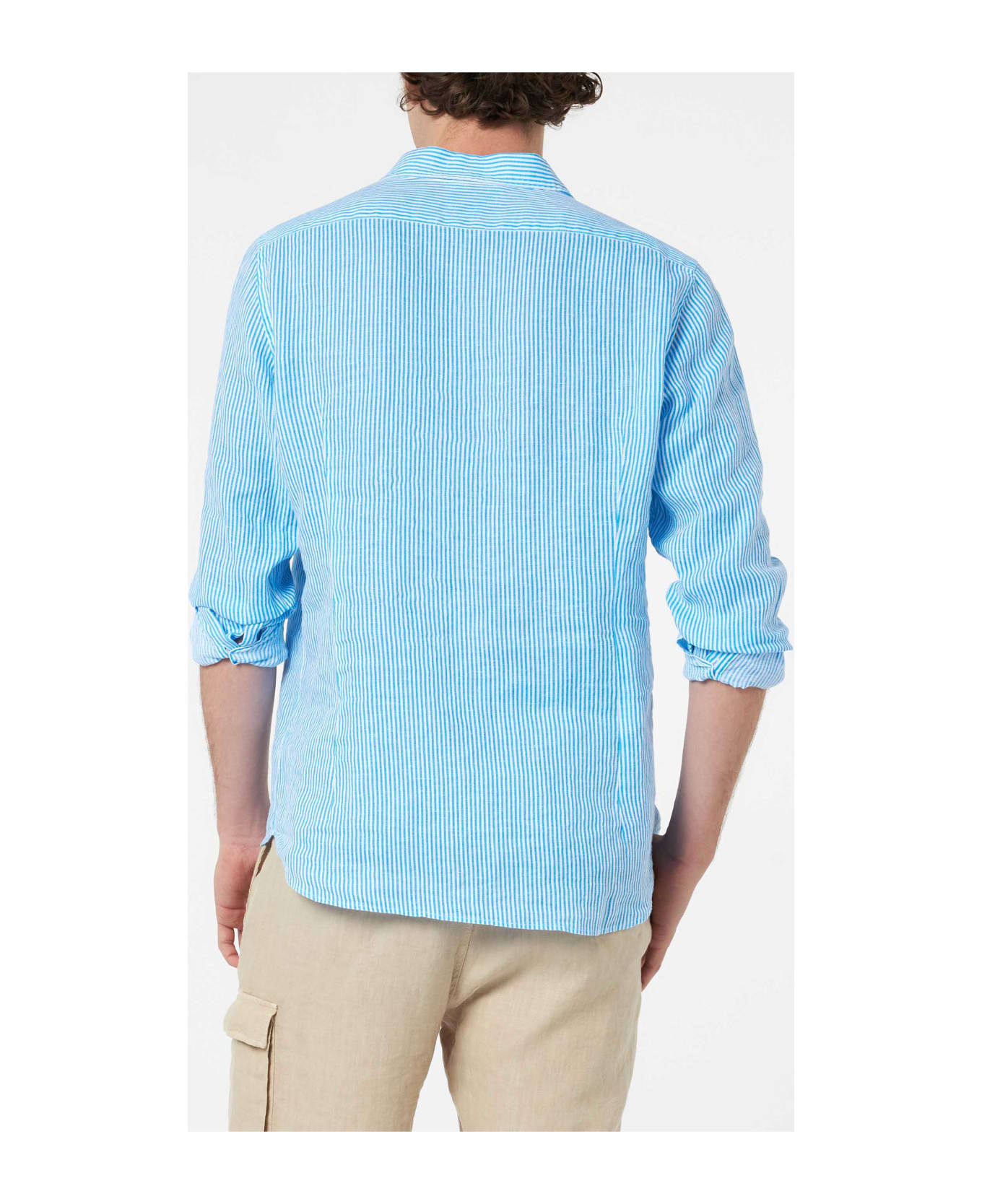 MC2 Saint Barth Man Turquoise Striped Linen Shirt Pamplona - SKY