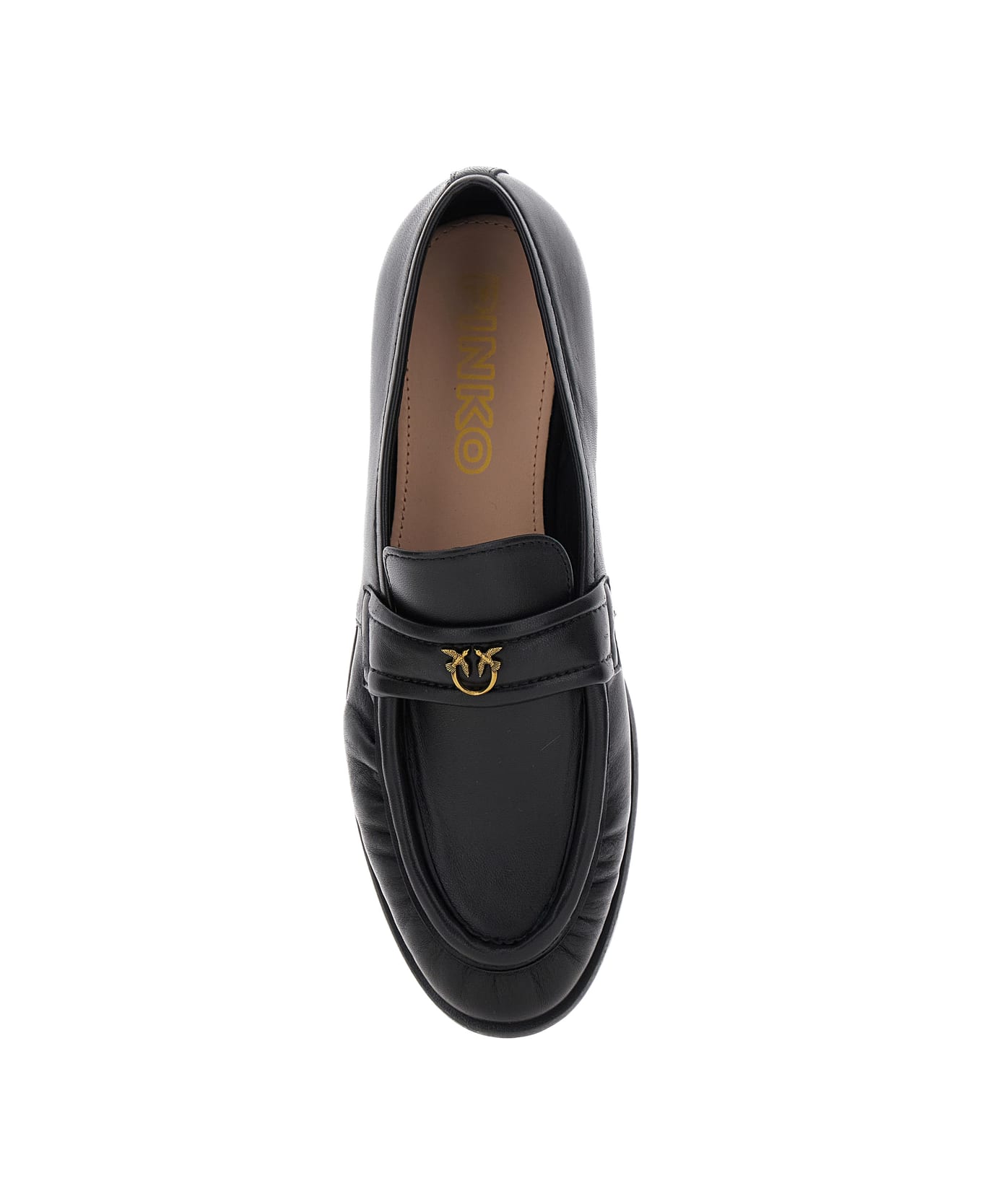 Pinko Black Loafers With Front Metal Logo Detail In Leather Woman - Black