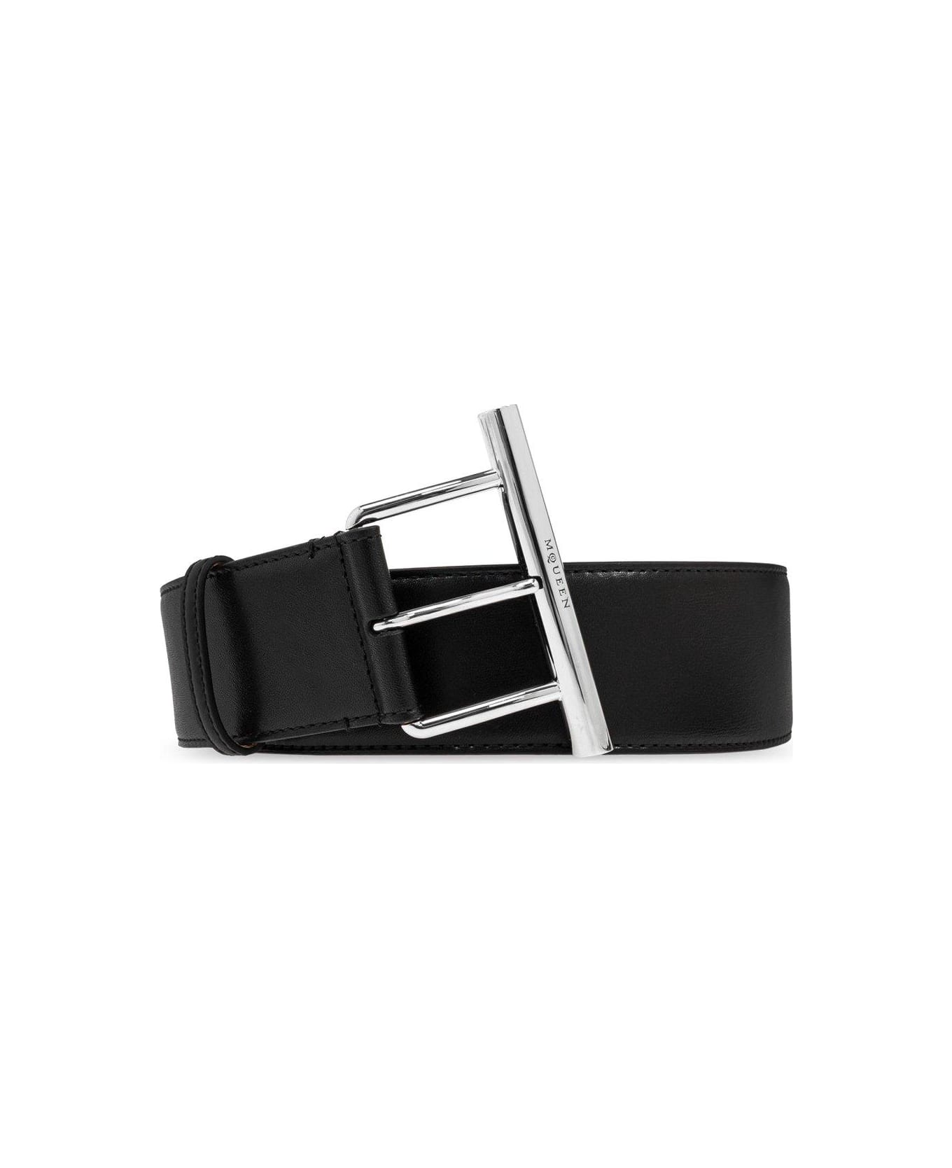 Alexander McQueen T-bar Buckled Logo Engraved Belt - NERO