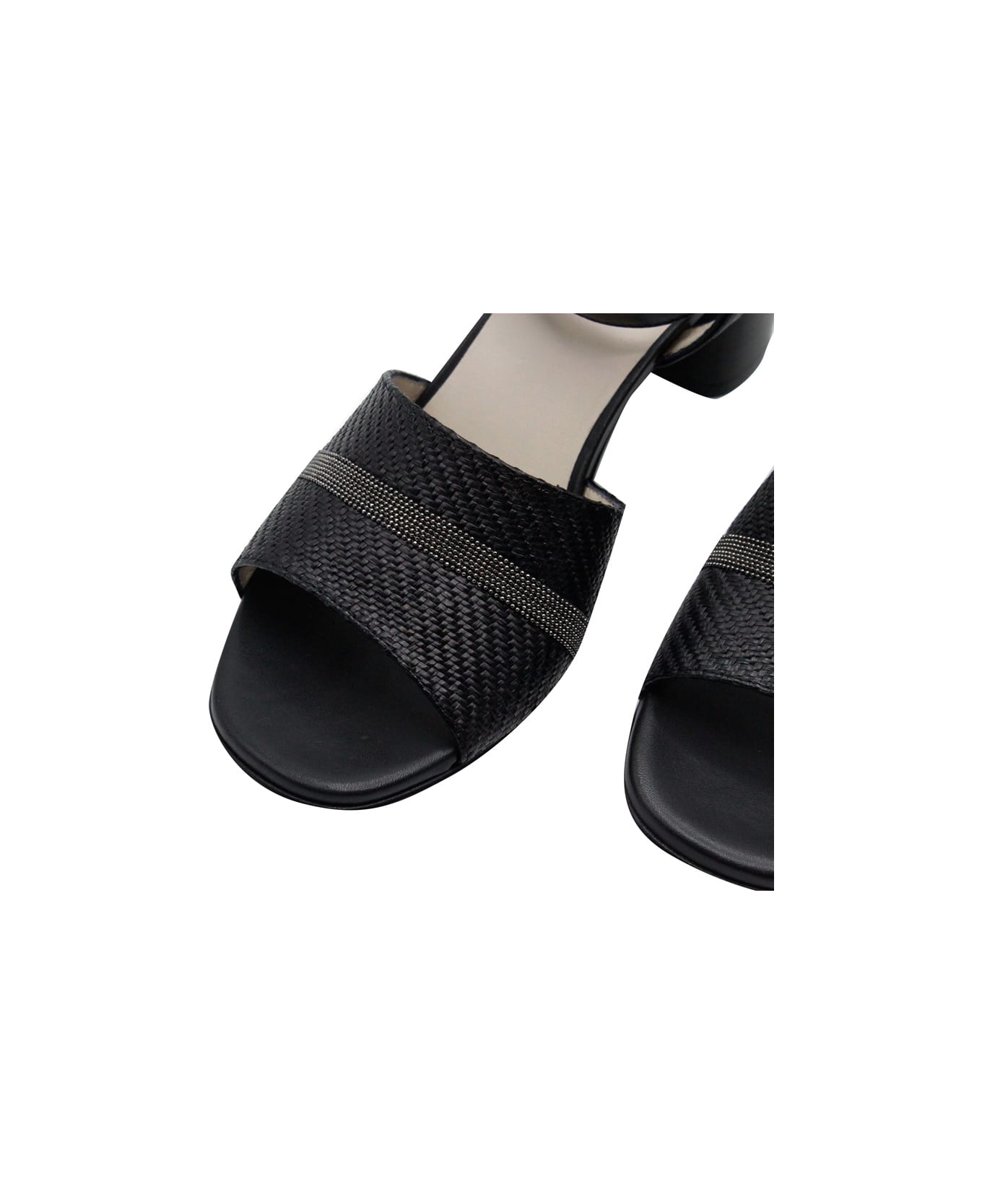 Fabiana Filippi Sandal Shoe Made Of Soft Leather With Adjustable Ankle Closure Embellished With Brilliant Jewels On The Front. Heel Height 6 - Black