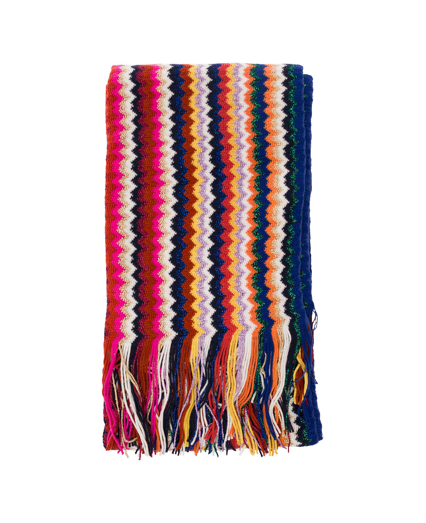 Missoni Multicolor Scarf With Zigzag Motif And Fringed Hem In Wool Blend Woman - Blu