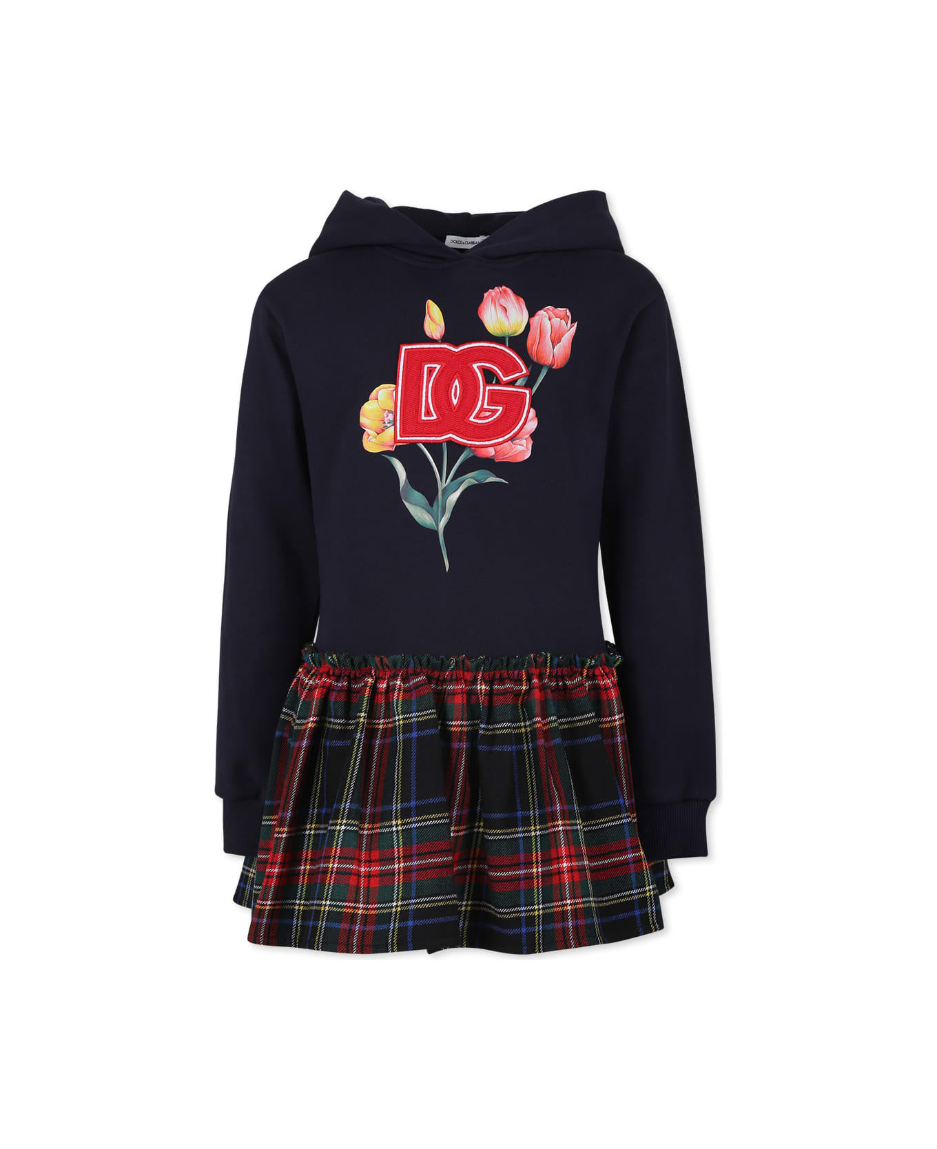 Dolce & Gabbana Blue Dress For Girl With Tulip And Logo - Blue