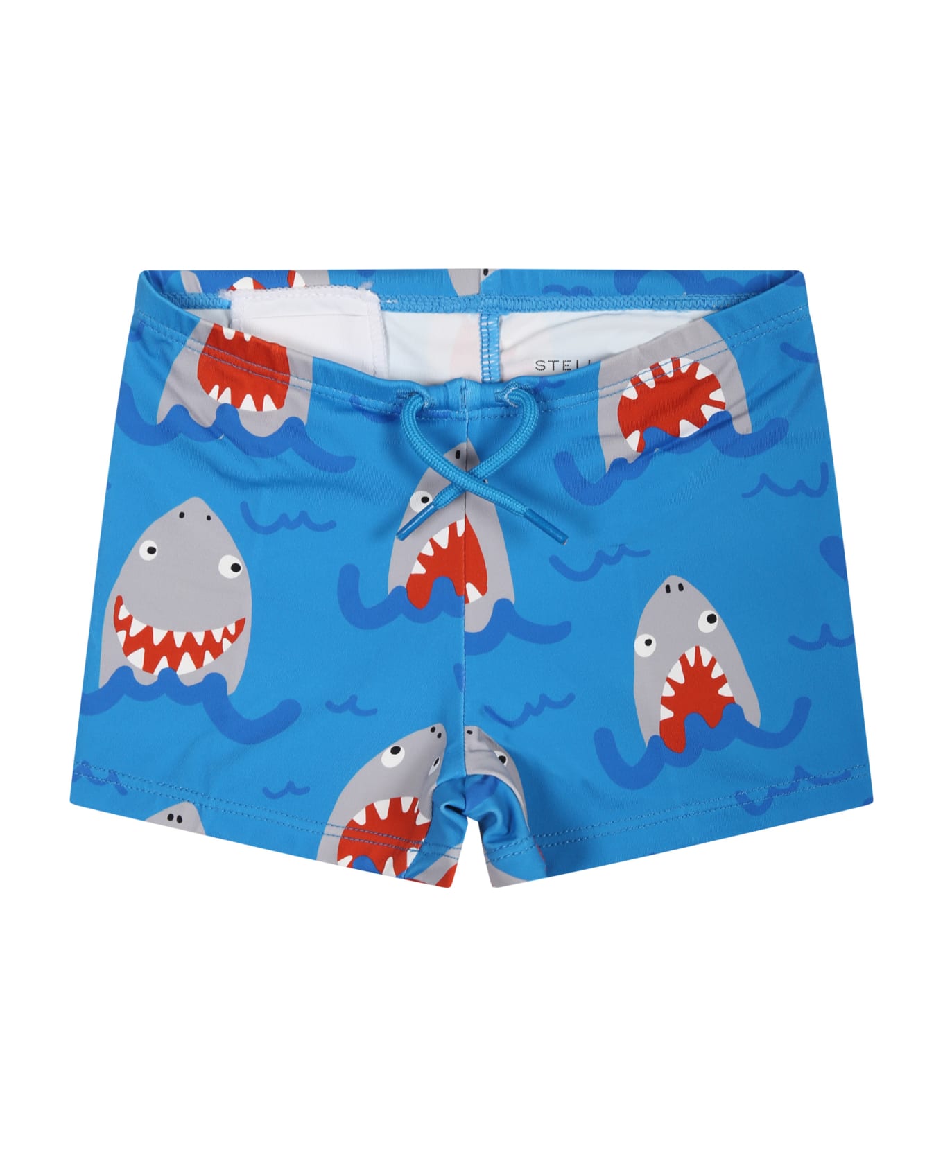 Stella McCartney Kids Light Blue Boxer Shorts For Baby Boy With All-over Shark Print - BLUE 水着