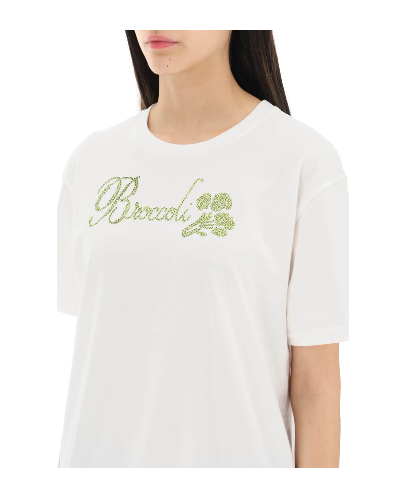 Collina Strada Organic Cotton T-shirt With Rhinestones - BROCCOLI (White)