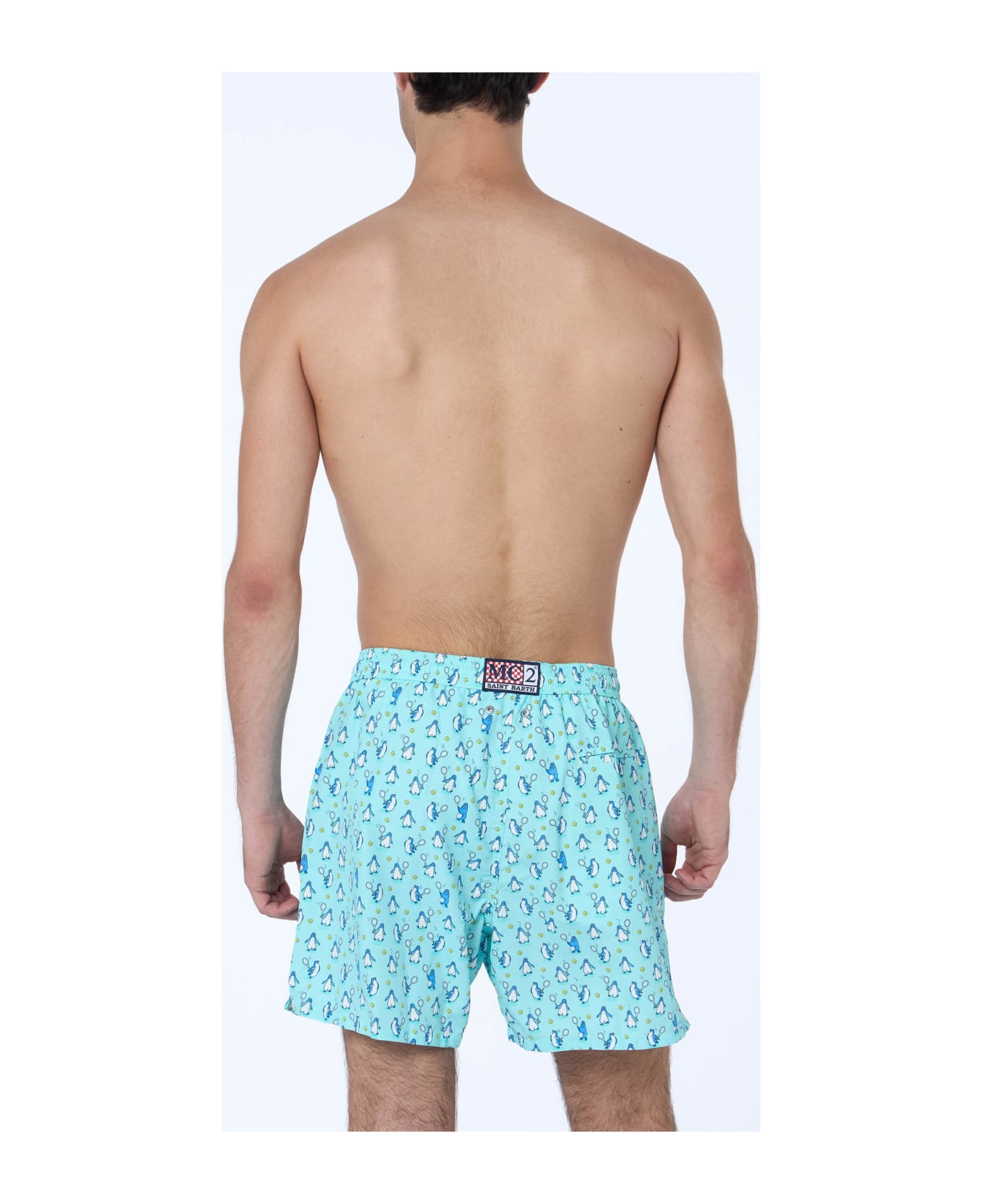 MC2 Saint Barth Man Lightweight Fabric Swim-shorts Lighting Micro Fantasy With Penguins Print - VERDE ACQUA