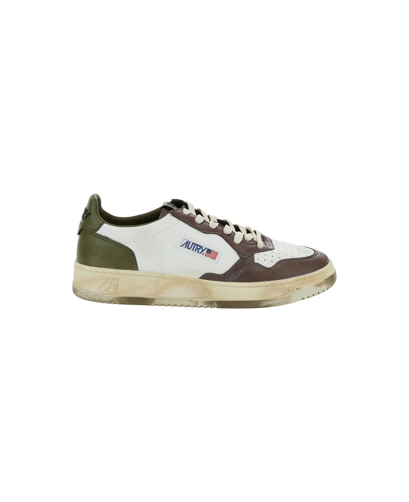 Autry Medalist Low Super Vintage Sneakers In White/military/brown Leather - Green