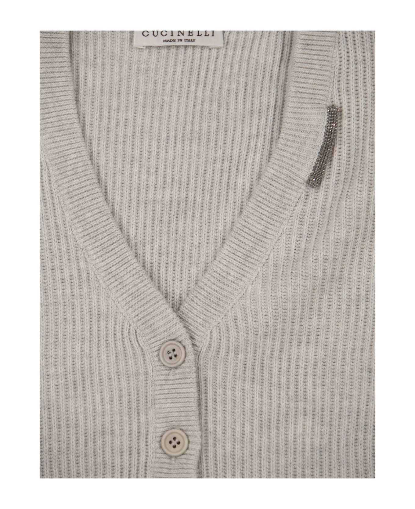 Brunello Cucinelli Short Ribbed Cotton Cardigan With Necklace - Fog