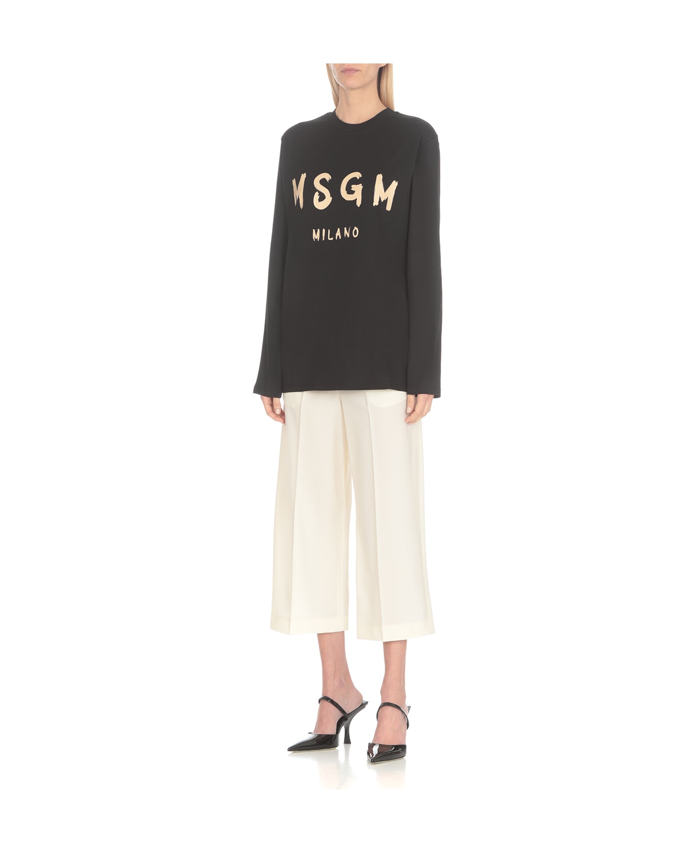 MSGM Logo Printed Long-sleeved T-shirt - Black