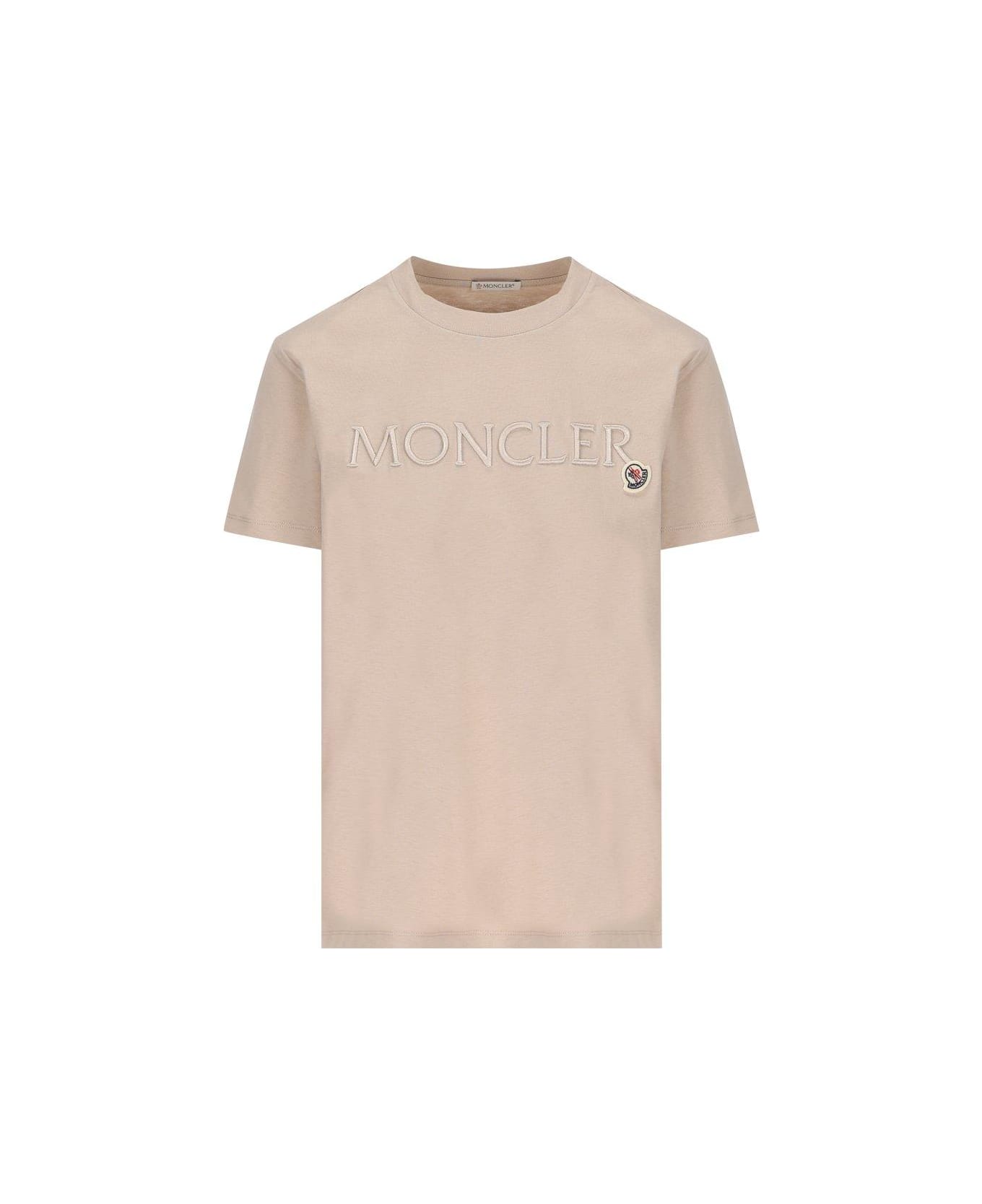 Moncler Logo Embroidered Crewneck T-shirt - Beige