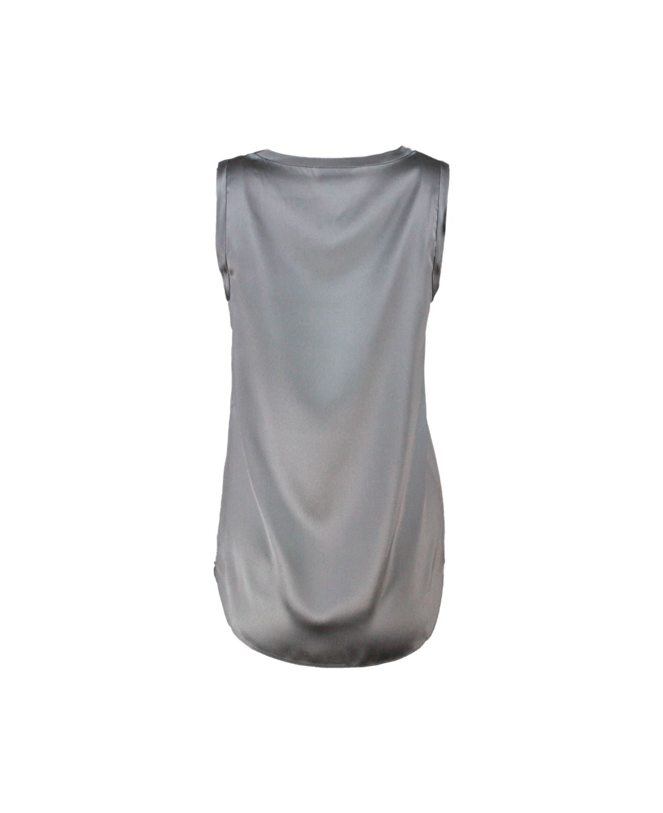 Brunello Cucinelli Sleeveless Round Neck Top In Stretch Silk - Grey