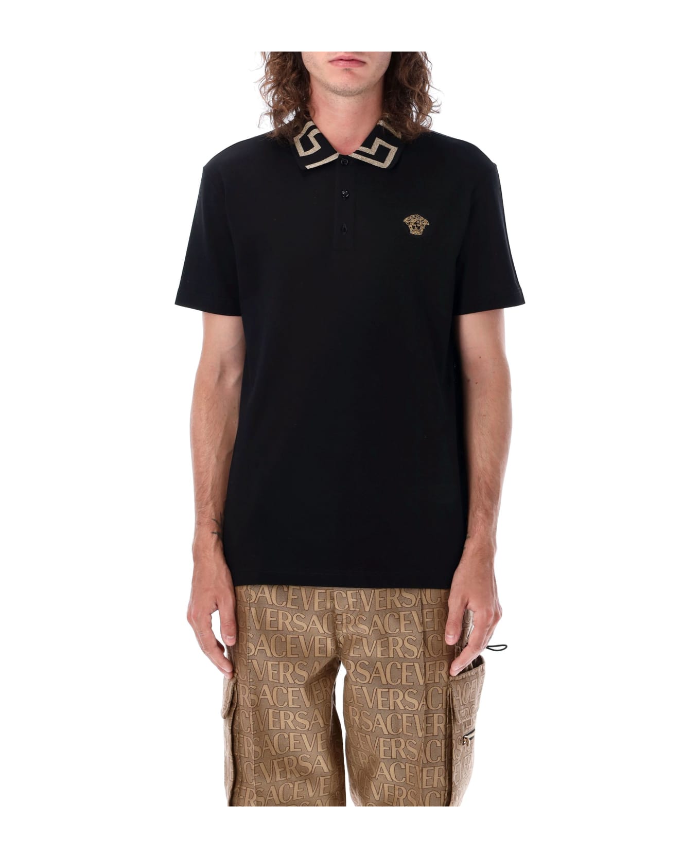Versace Greca Short-sleeved Polo Shirt - BLACK